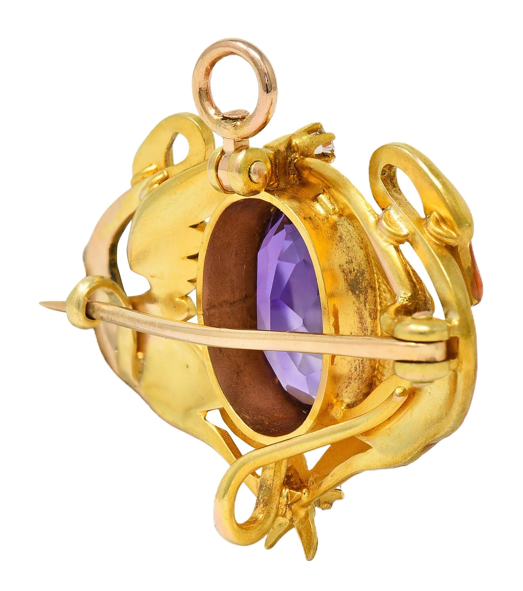 Art Nouveau Diamond Amethyst Enamel 18K Yellow Gold Antique Swan Pendant Brooch