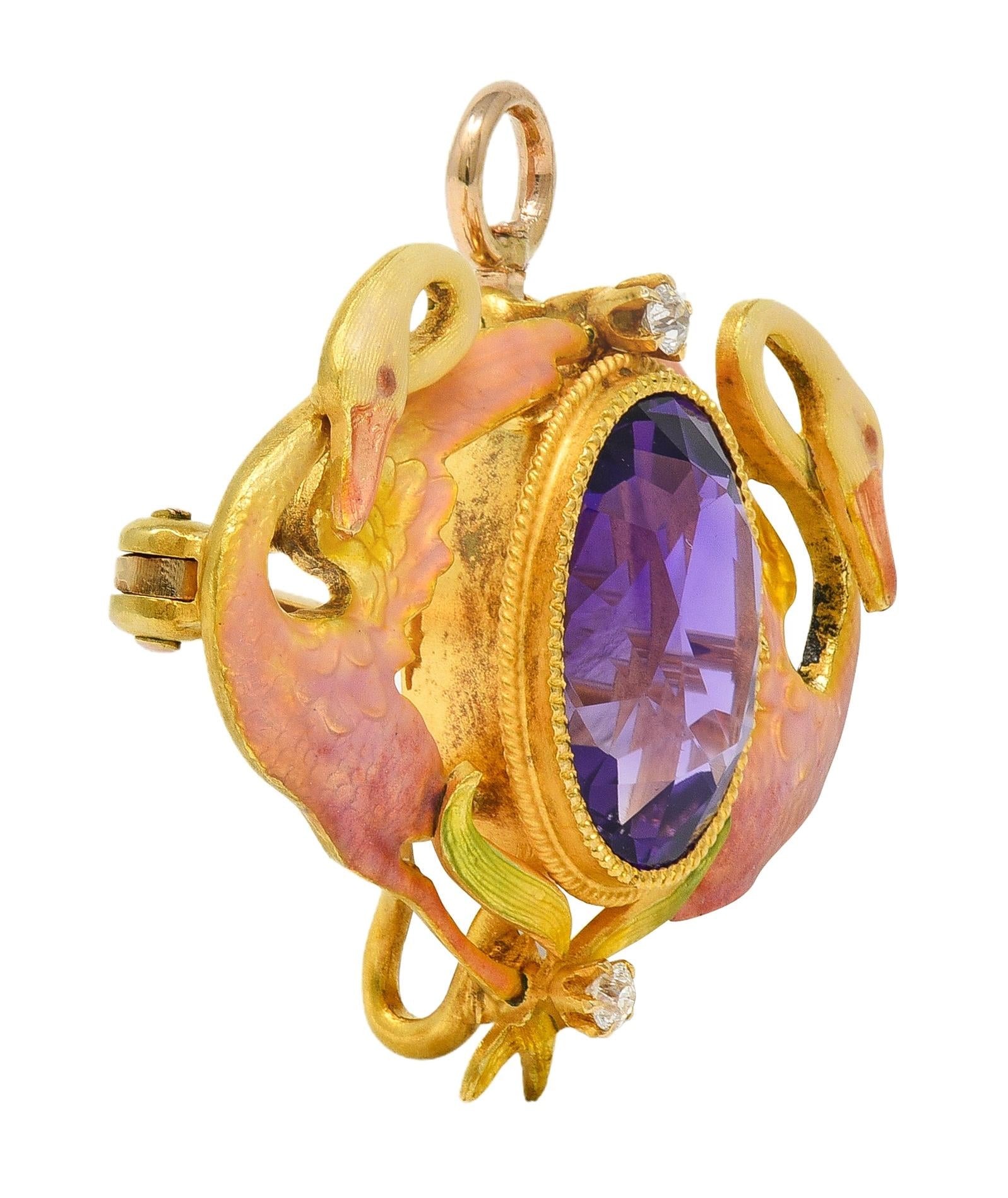 Art Nouveau Diamond Amethyst Enamel 18K Yellow Gold Antique Swan Pendant Brooch