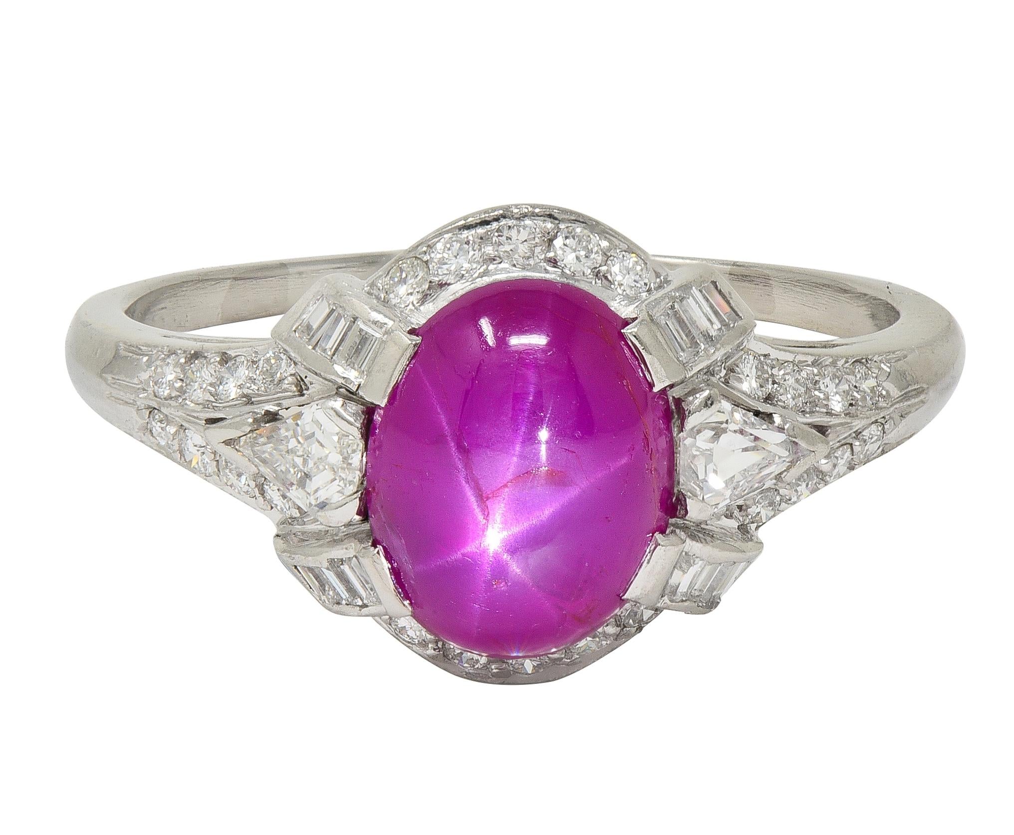 Mid-Century 4.10 CTW Star Ruby Diamond Platinum Vintage Bombé Ring