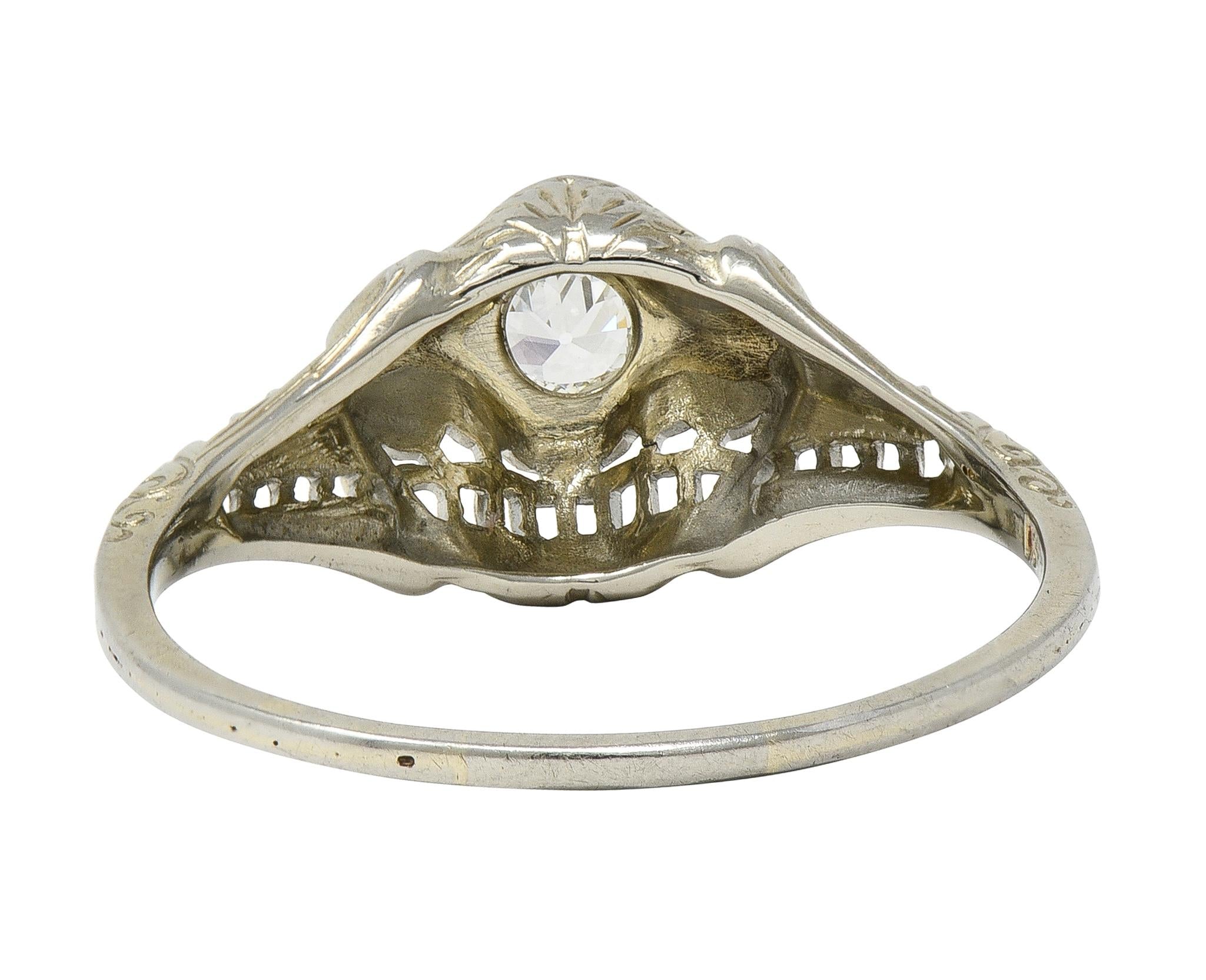 Art Deco European Diamond 18K White Gold Vintage Scrolling Bombé Engagement Ring