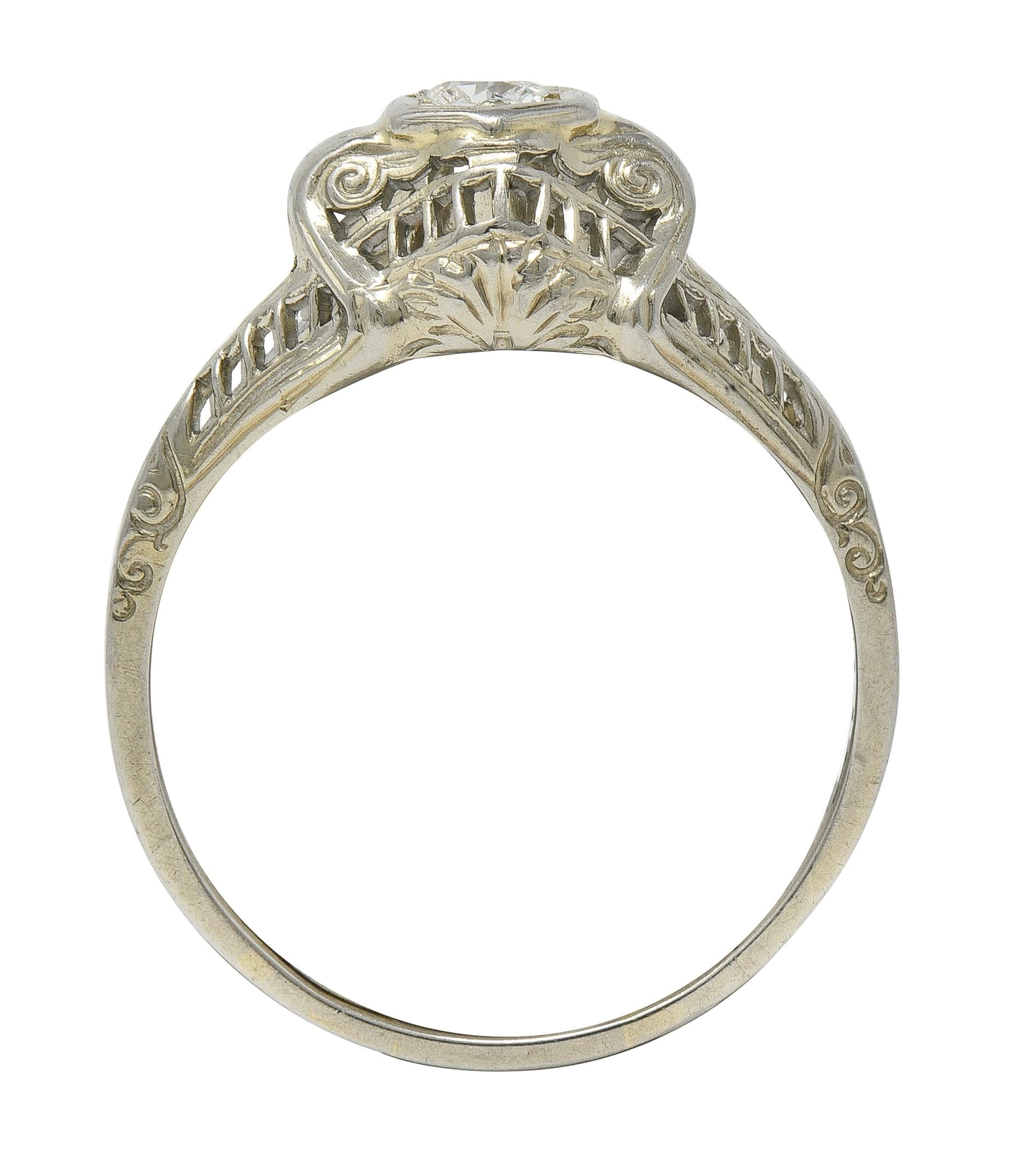 Art Deco European Diamond 18K White Gold Vintage Scrolling Bombé Engagement Ring