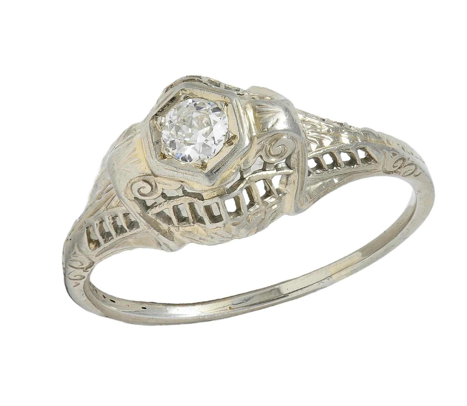 Art Deco European Diamond 18K White Gold Vintage Scrolling Bombé Engagement Ring