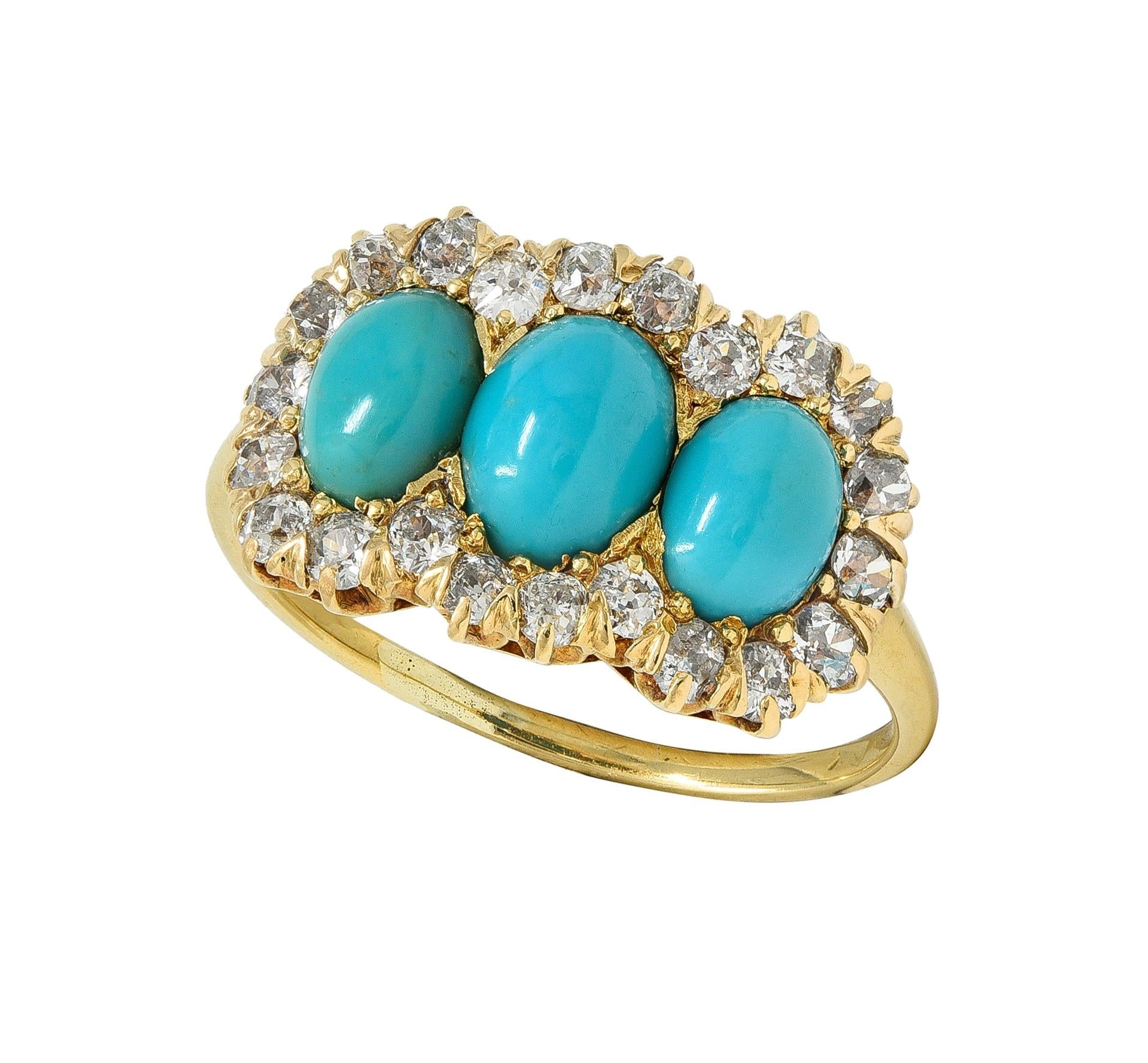 Victorian Diamond Turquoise 18 Karat Yellow Gold Antique Cluster Halo Ring