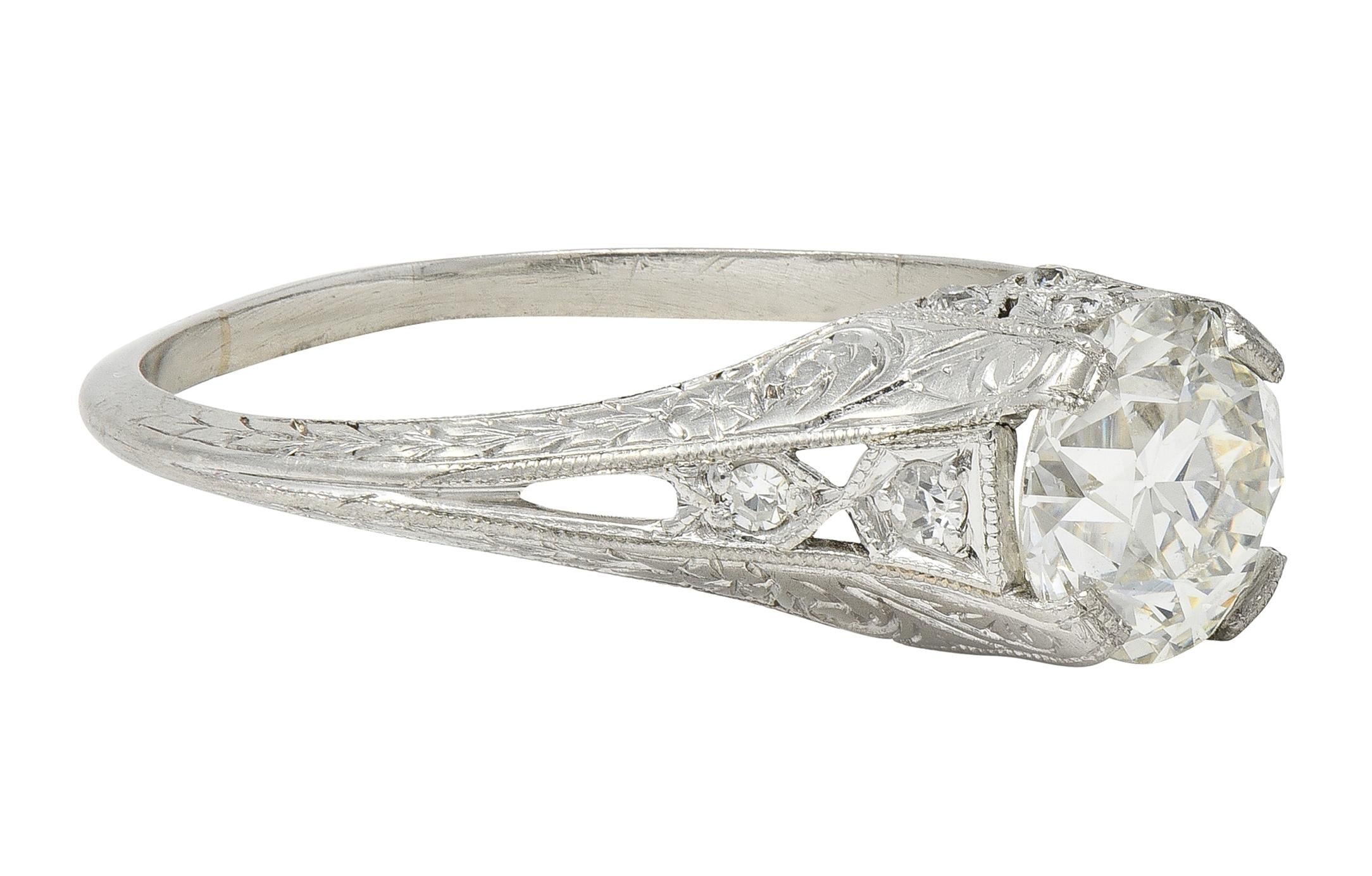 Art Deco 1.13 CTW Old European Diamond Platinum Scrolling Wheat Engagement Ring