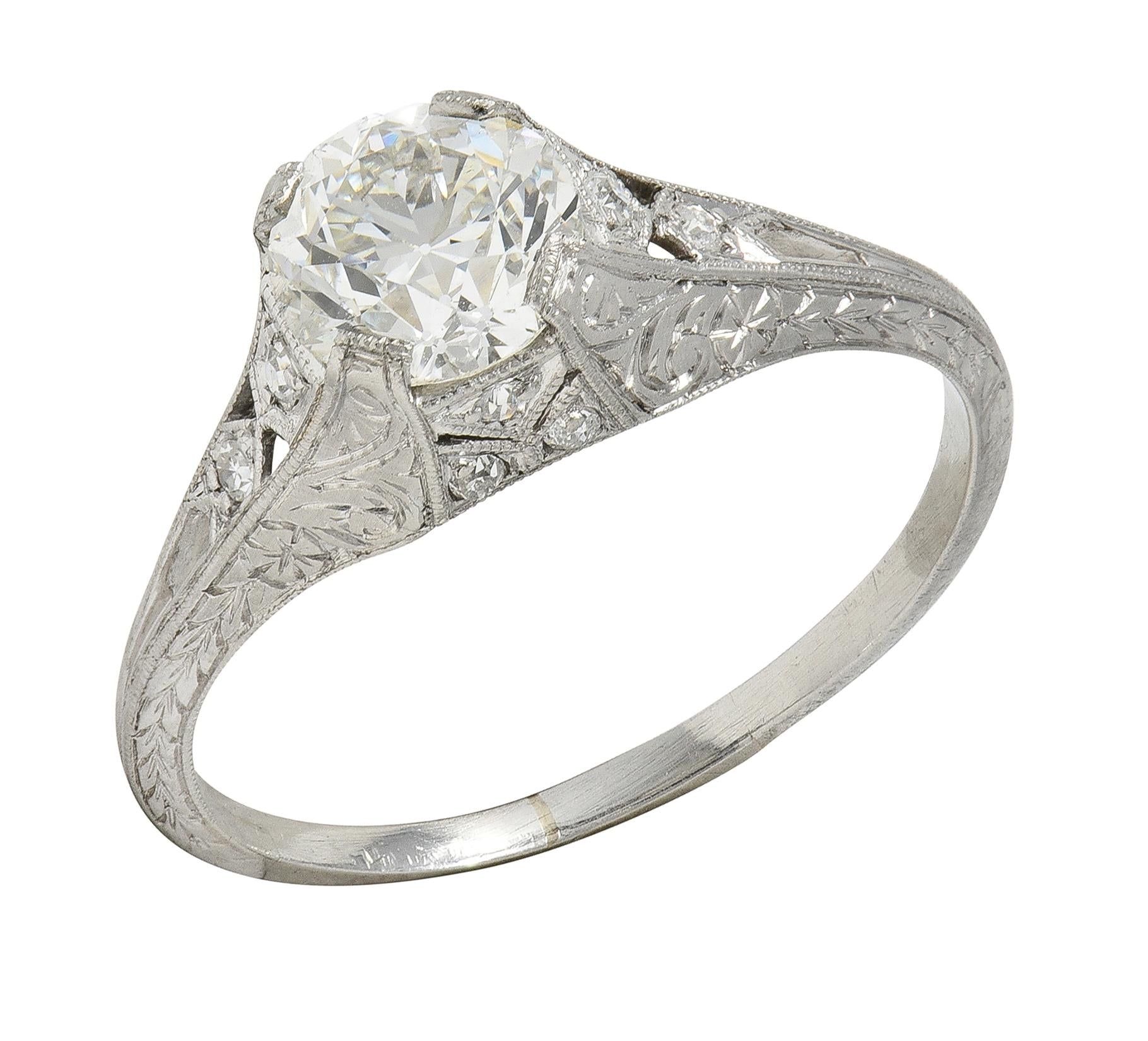 Art Deco 1.13 CTW Old European Diamond Platinum Scrolling Wheat Engagement Ring