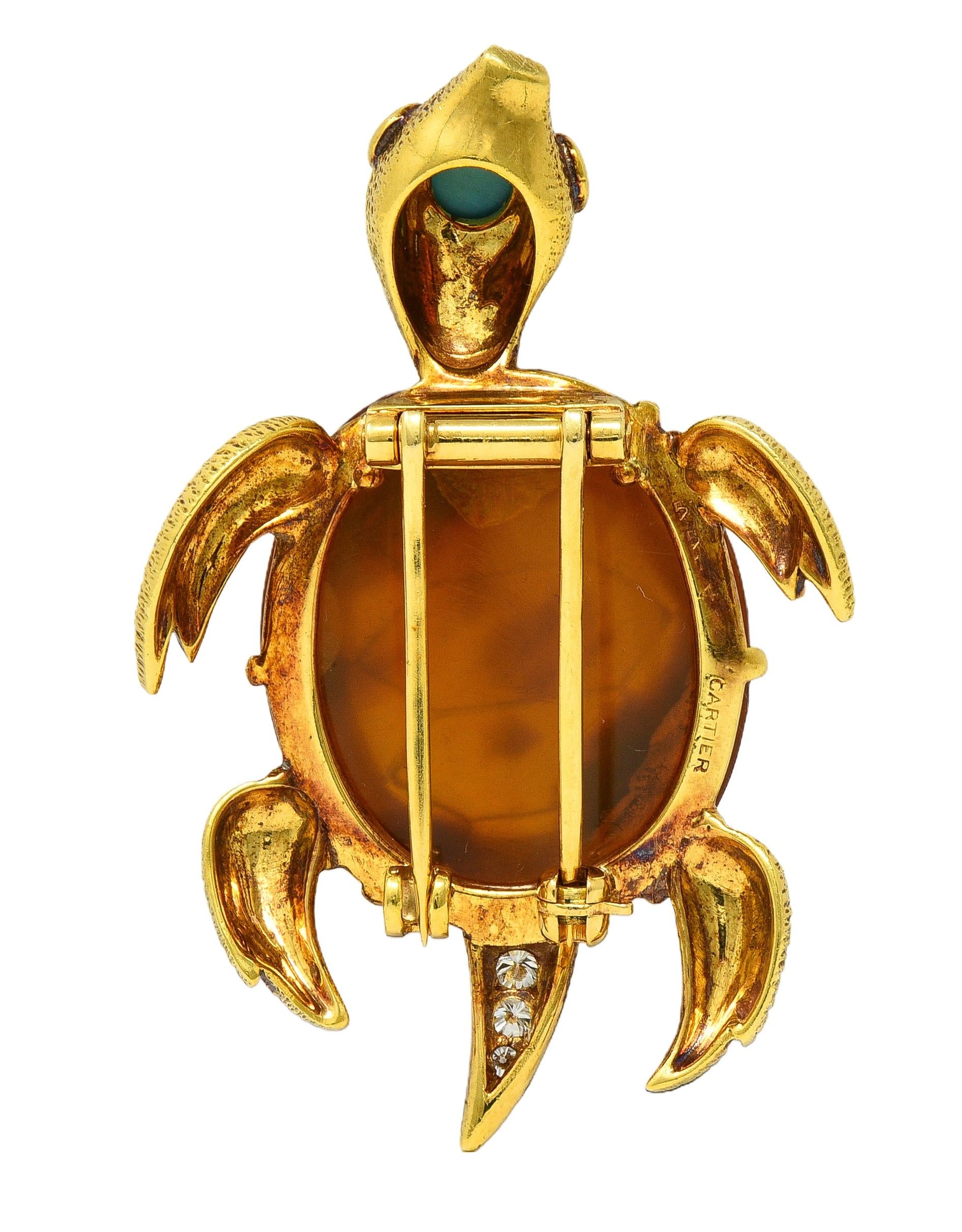 Cartier 1970's Diamond Turquoise Shell 18K Gold Vintage Turtle Tortoise Brooch