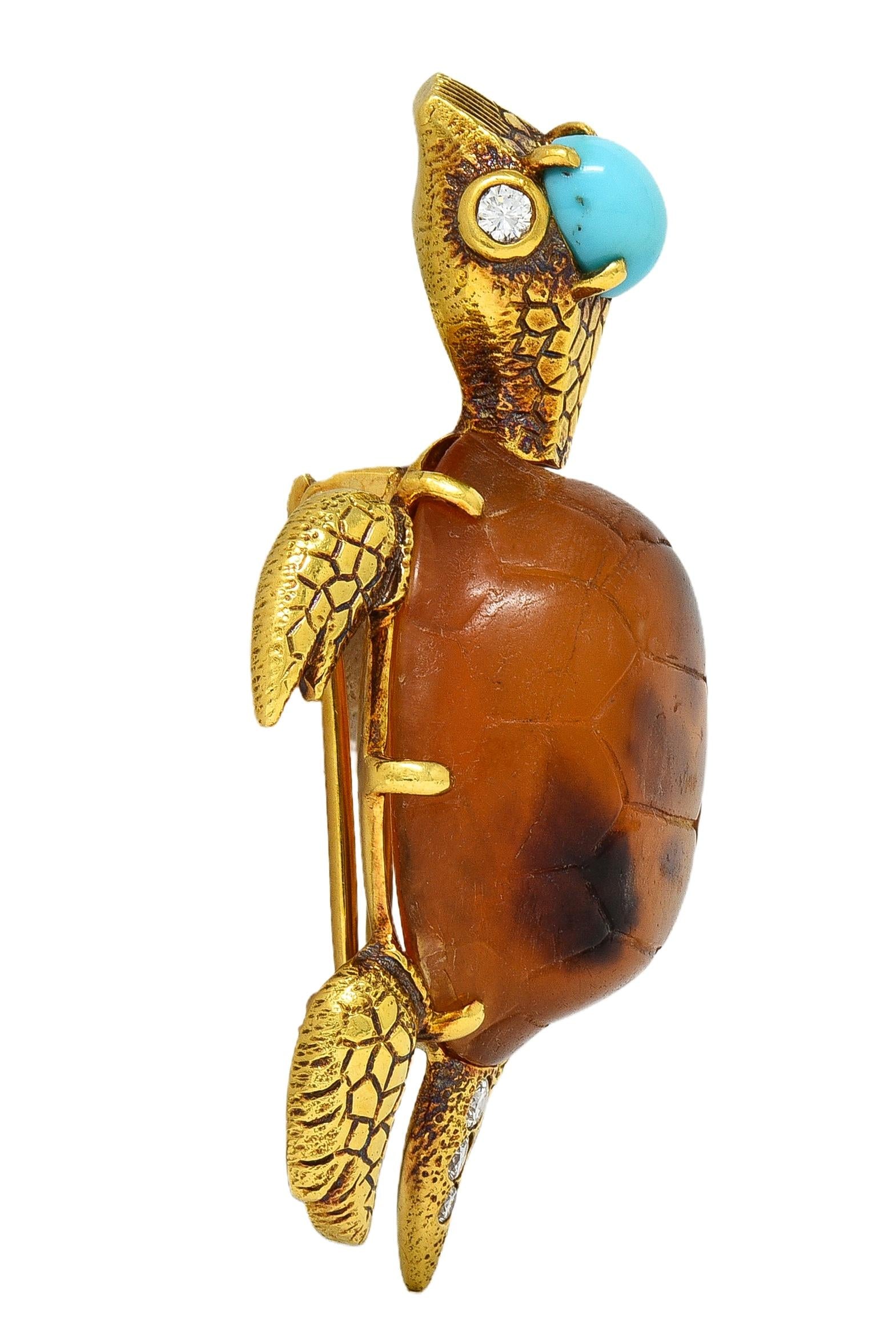 Cartier 1970's Diamond Turquoise Shell 18K Gold Vintage Turtle Tortoise Brooch