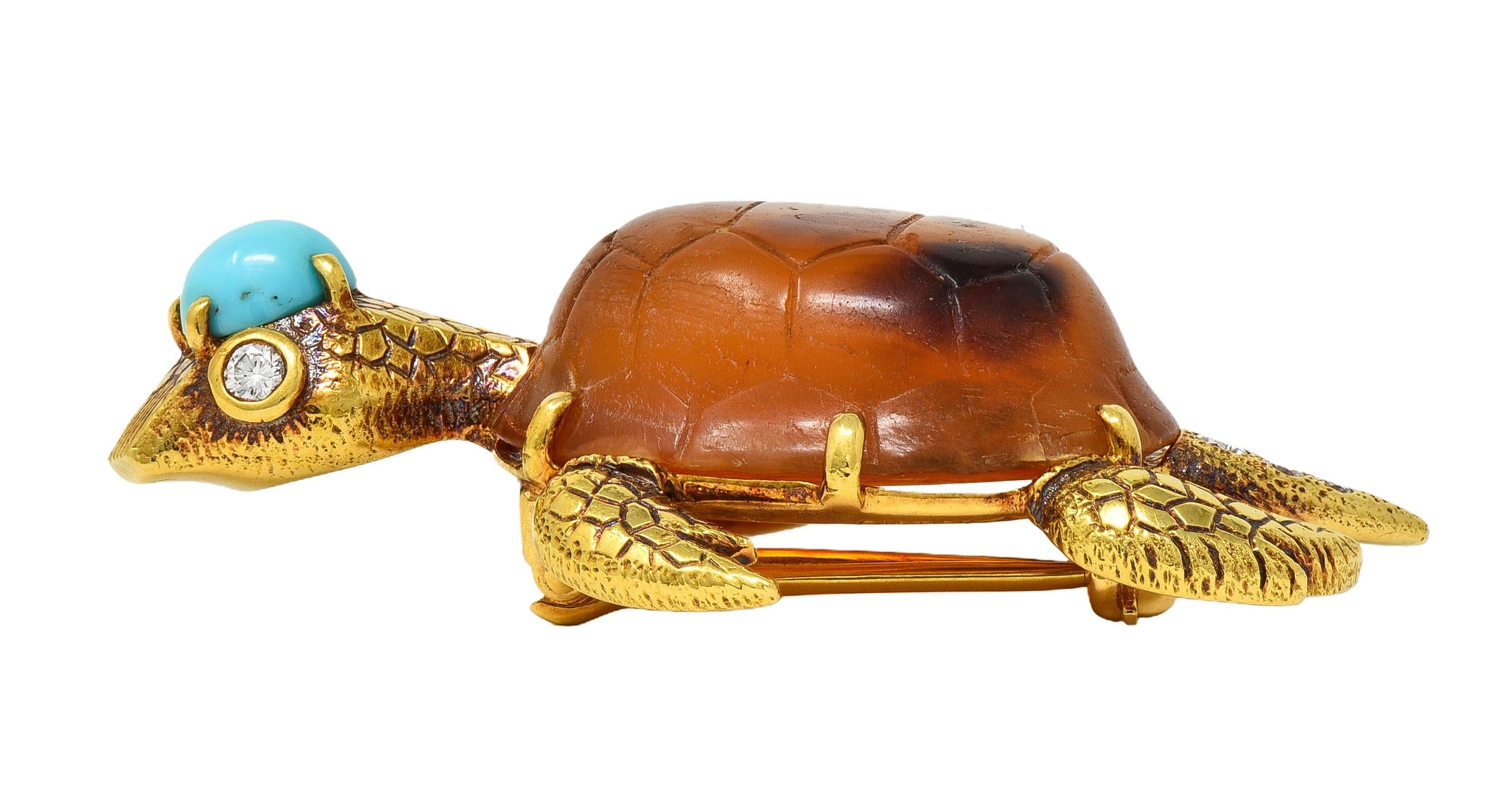Cartier 1970's Diamond Turquoise Shell 18K Gold Vintage Turtle Tortoise Brooch
