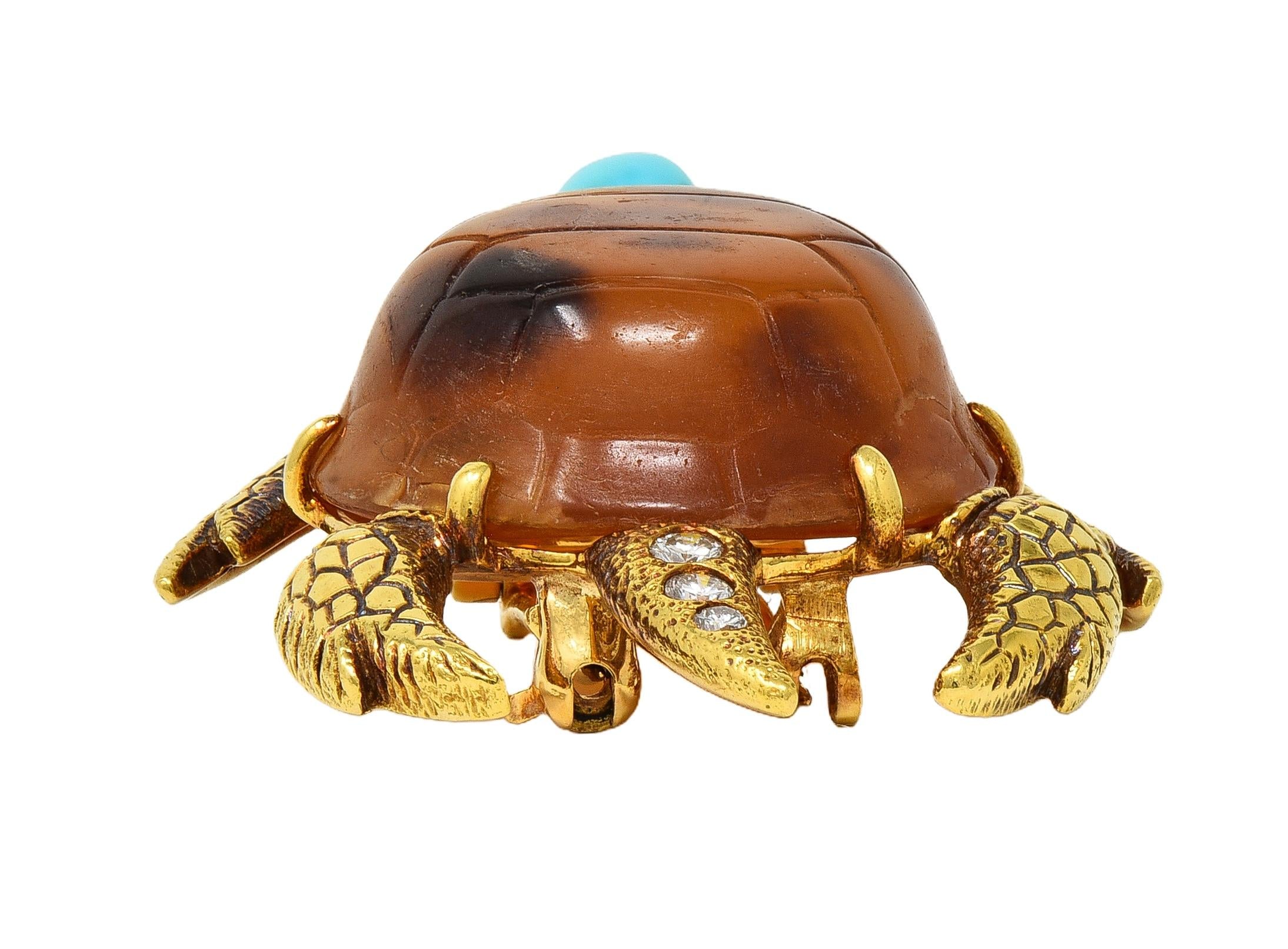 Cartier 1970's Diamond Turquoise Shell 18K Gold Vintage Turtle Tortoise Brooch