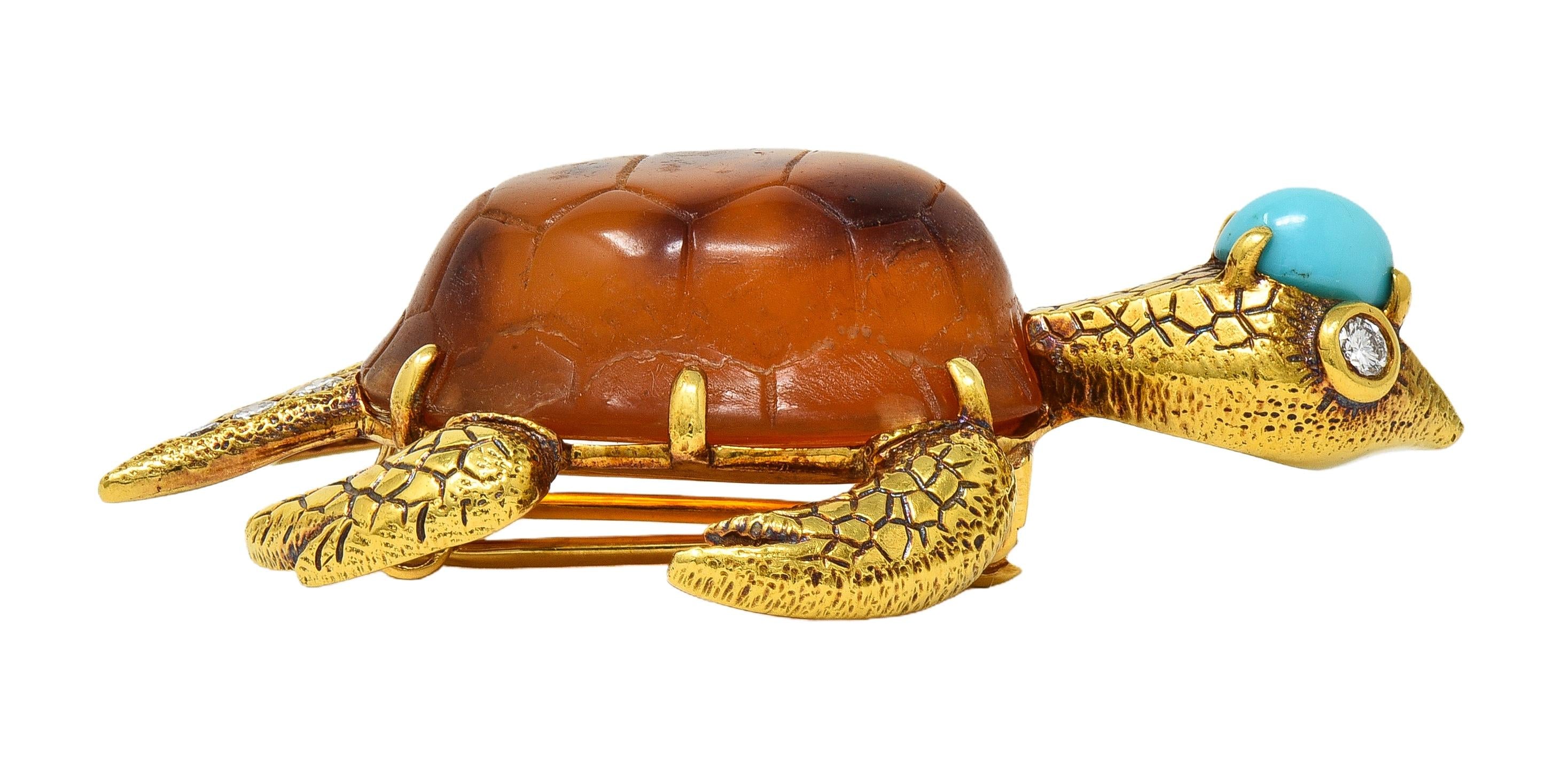 Cartier 1970's Diamond Turquoise Shell 18K Gold Vintage Turtle Tortoise Brooch
