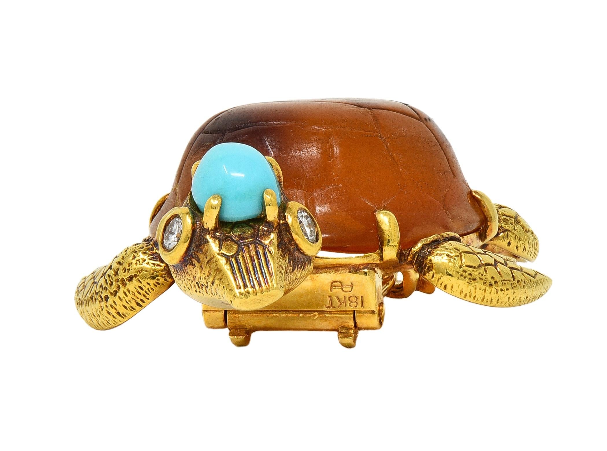 Cartier 1970's Diamond Turquoise Shell 18K Gold Vintage Turtle Tortoise Brooch