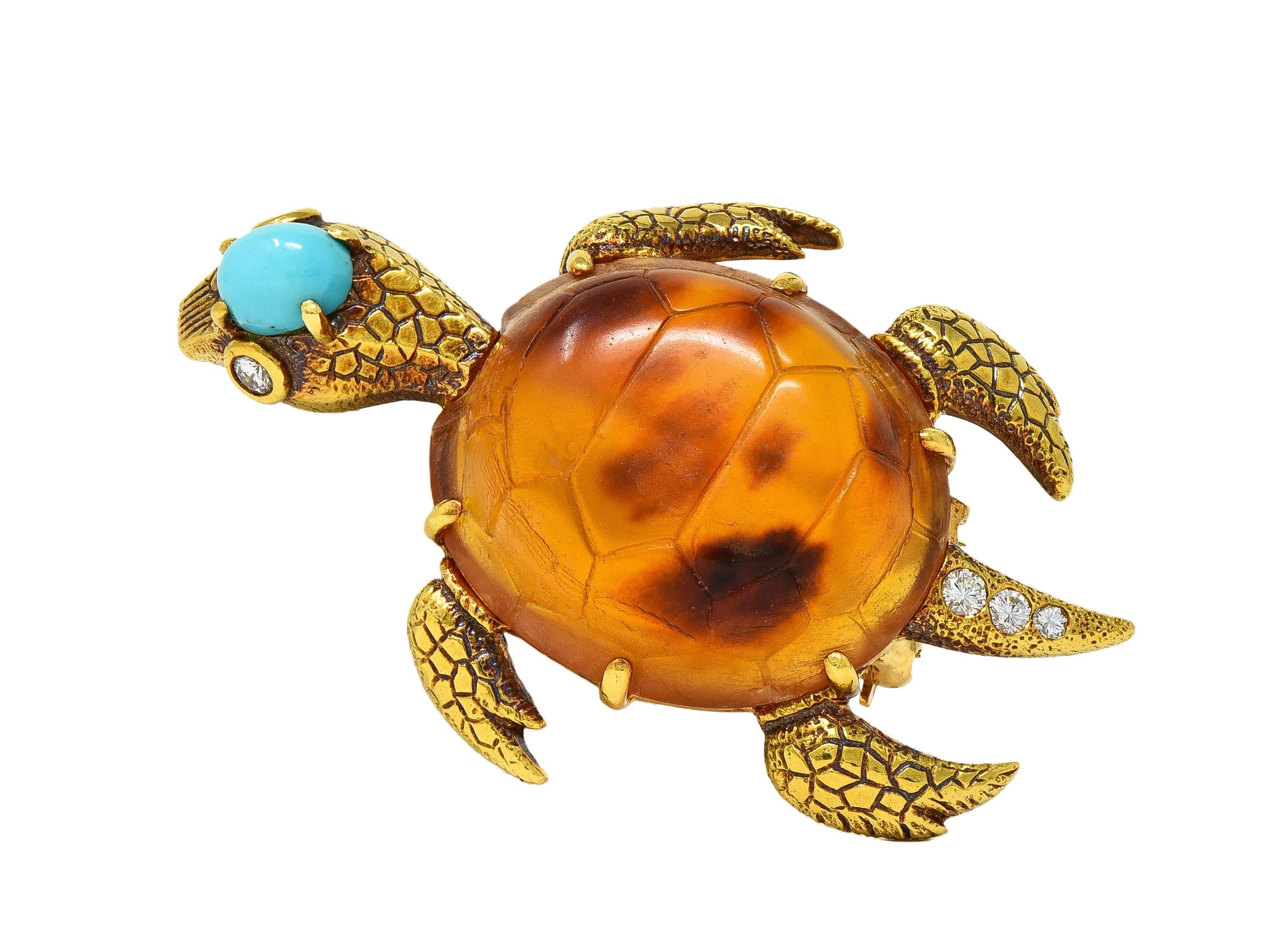 Cartier 1970's Diamond Turquoise Shell 18K Gold Vintage Turtle Tortoise Brooch