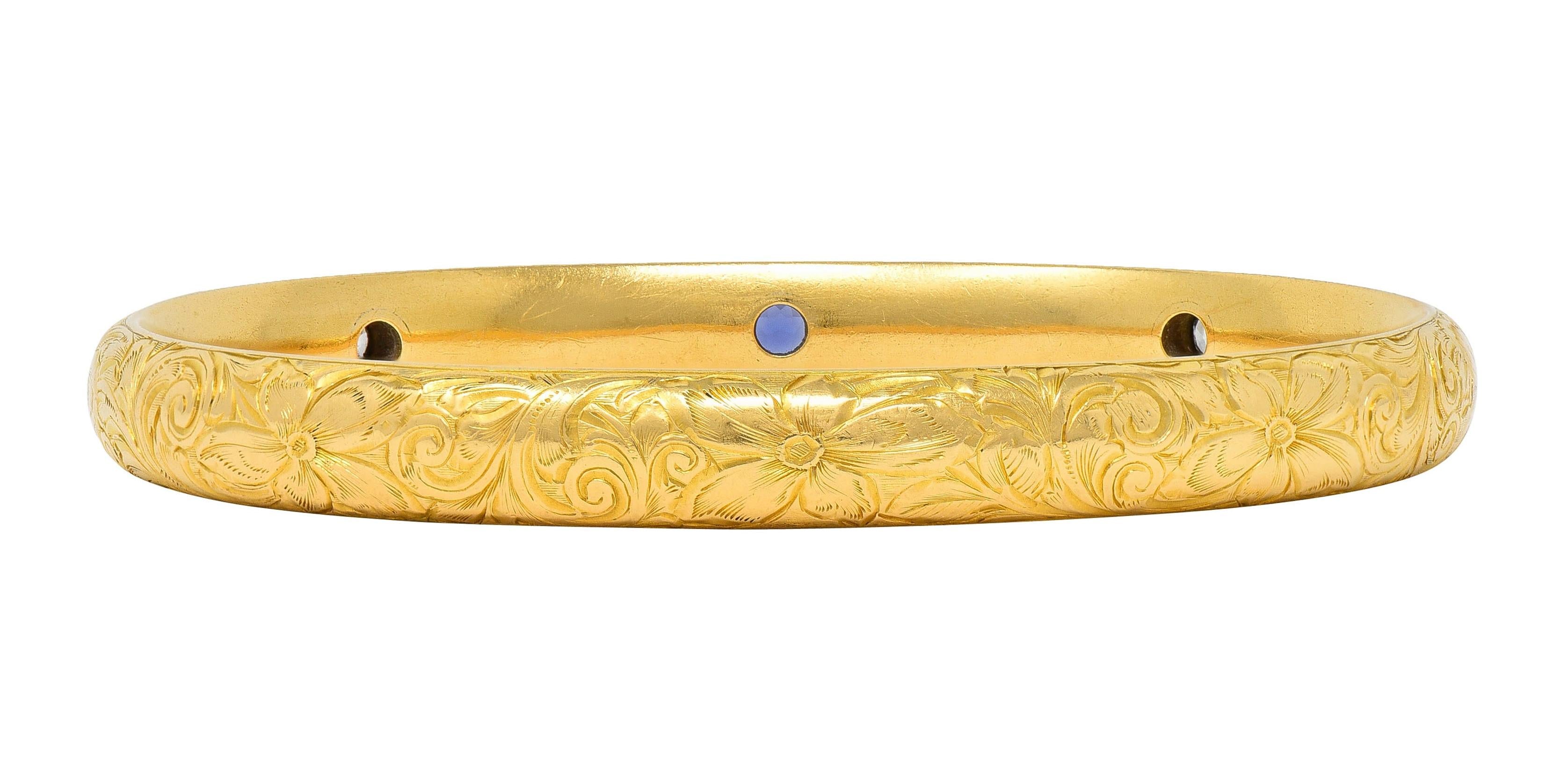 Riker Bros Art Nouveau 1913 Sapphire Diamond 18K Gold Antique Bangle Bracelet