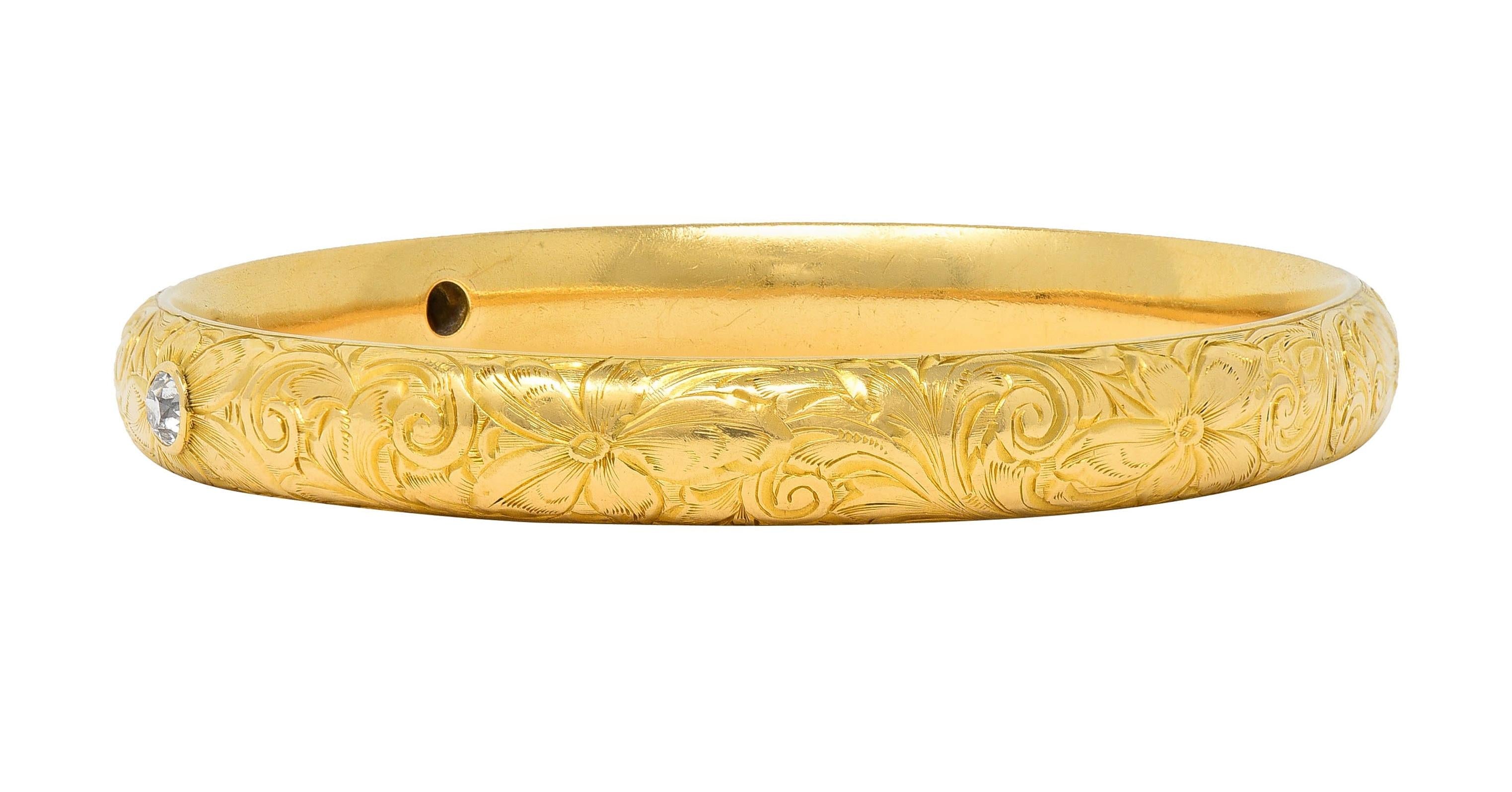 Riker Bros Art Nouveau 1913 Sapphire Diamond 18K Gold Antique Bangle Bracelet