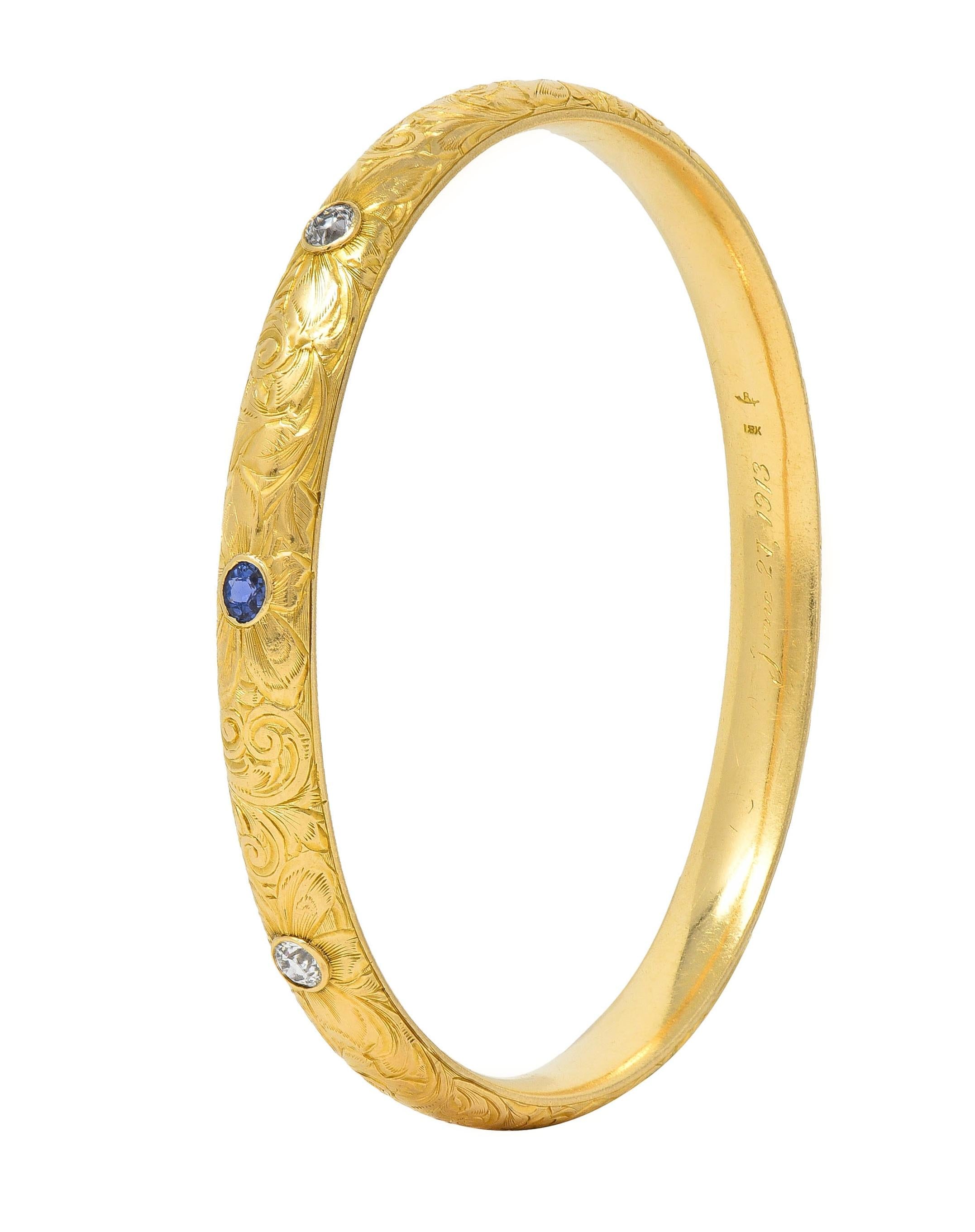Riker Bros Art Nouveau 1913 Sapphire Diamond 18K Gold Antique Bangle Bracelet