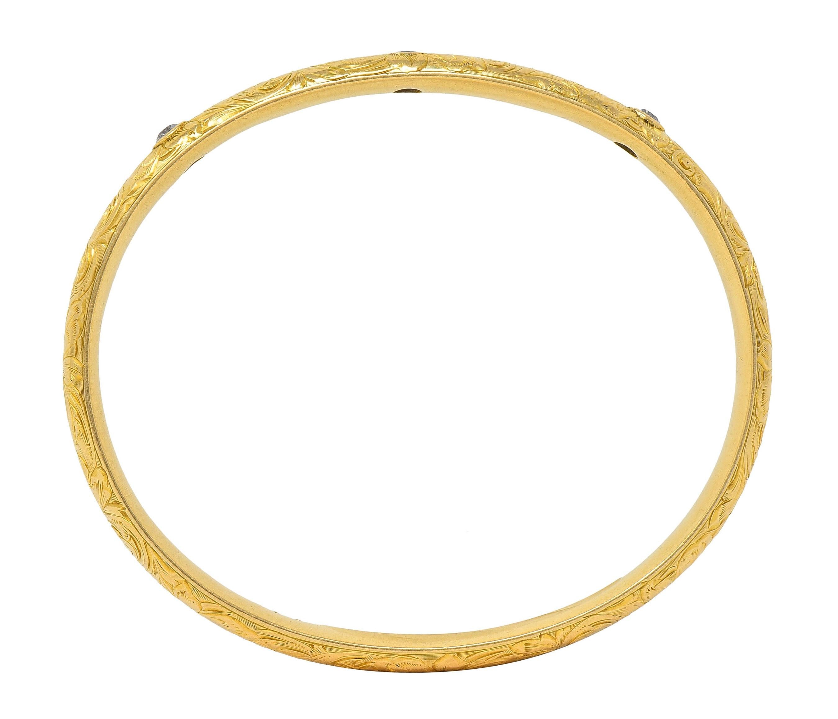 Riker Bros Art Nouveau 1913 Sapphire Diamond 18K Gold Antique Bangle Bracelet