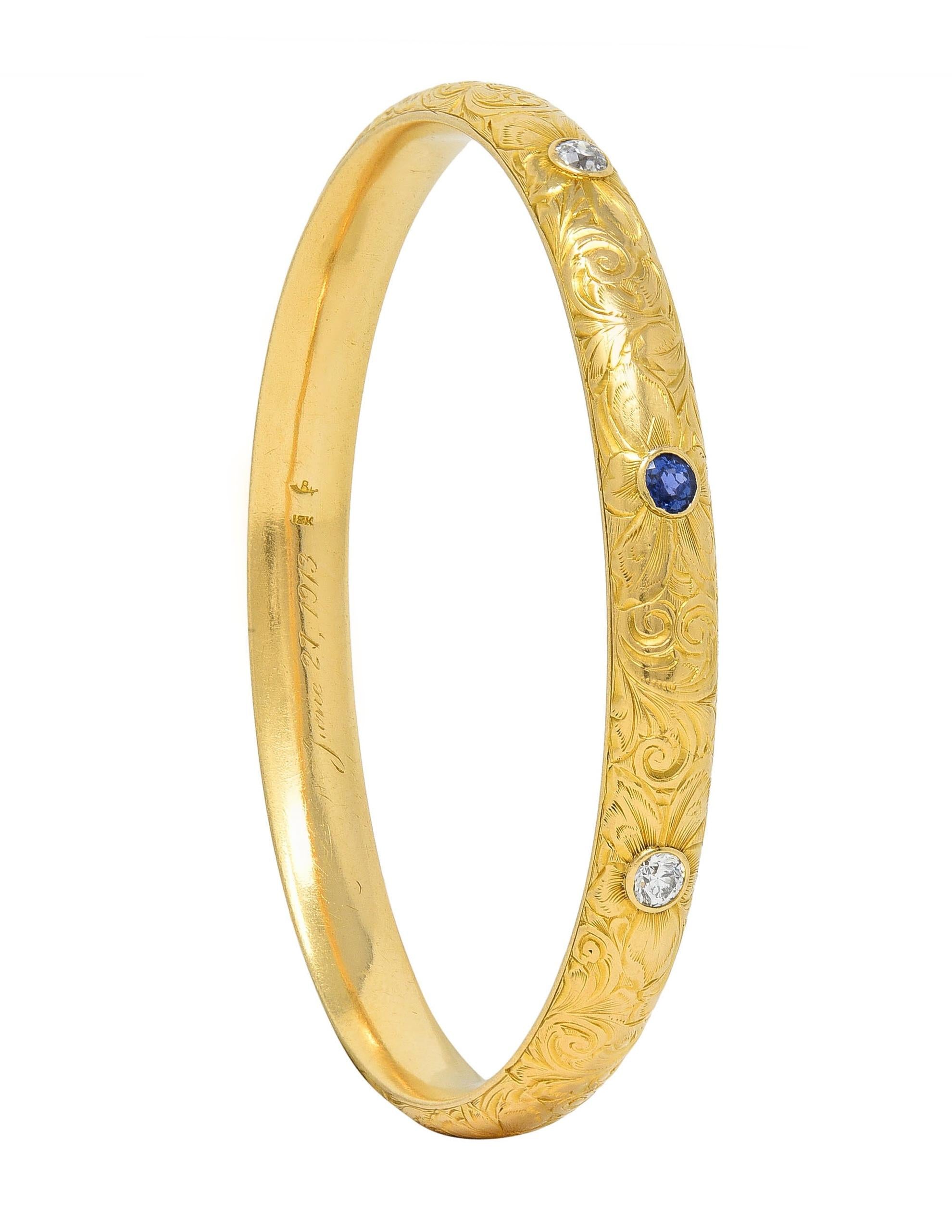 Riker Bros Art Nouveau 1913 Sapphire Diamond 18K Gold Antique Bangle Bracelet