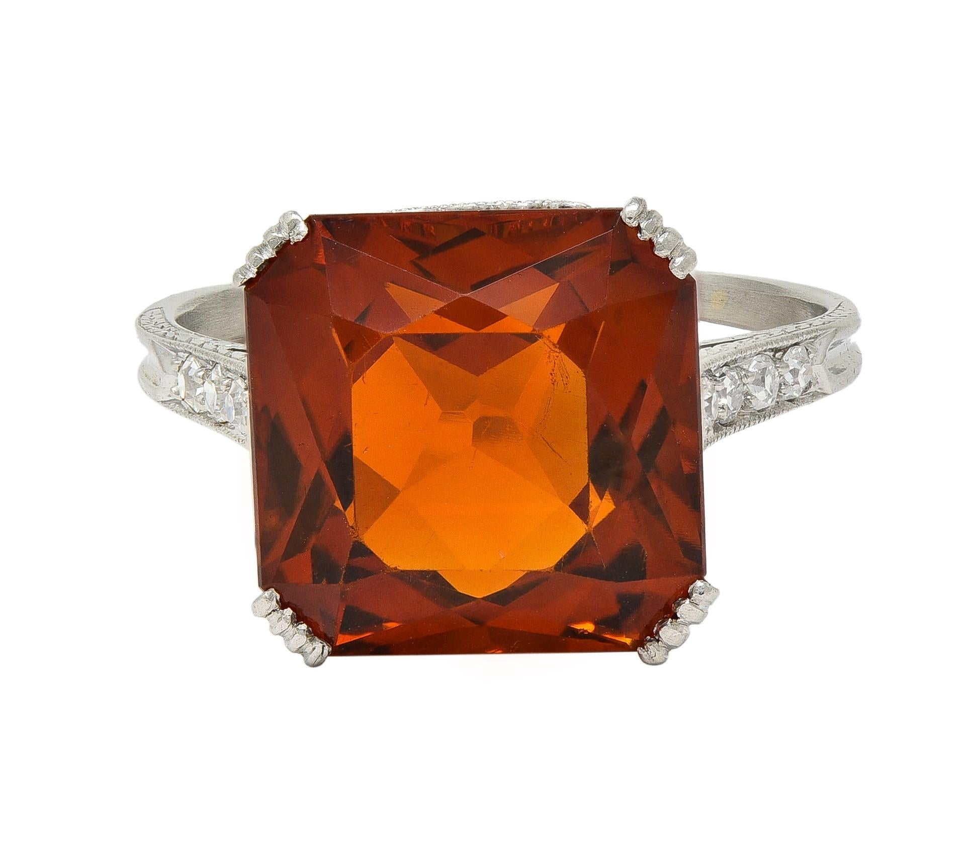 Art Deco 7.28 CTW Citrine Diamond Platinum Vintage Wheat Cocktail Ring