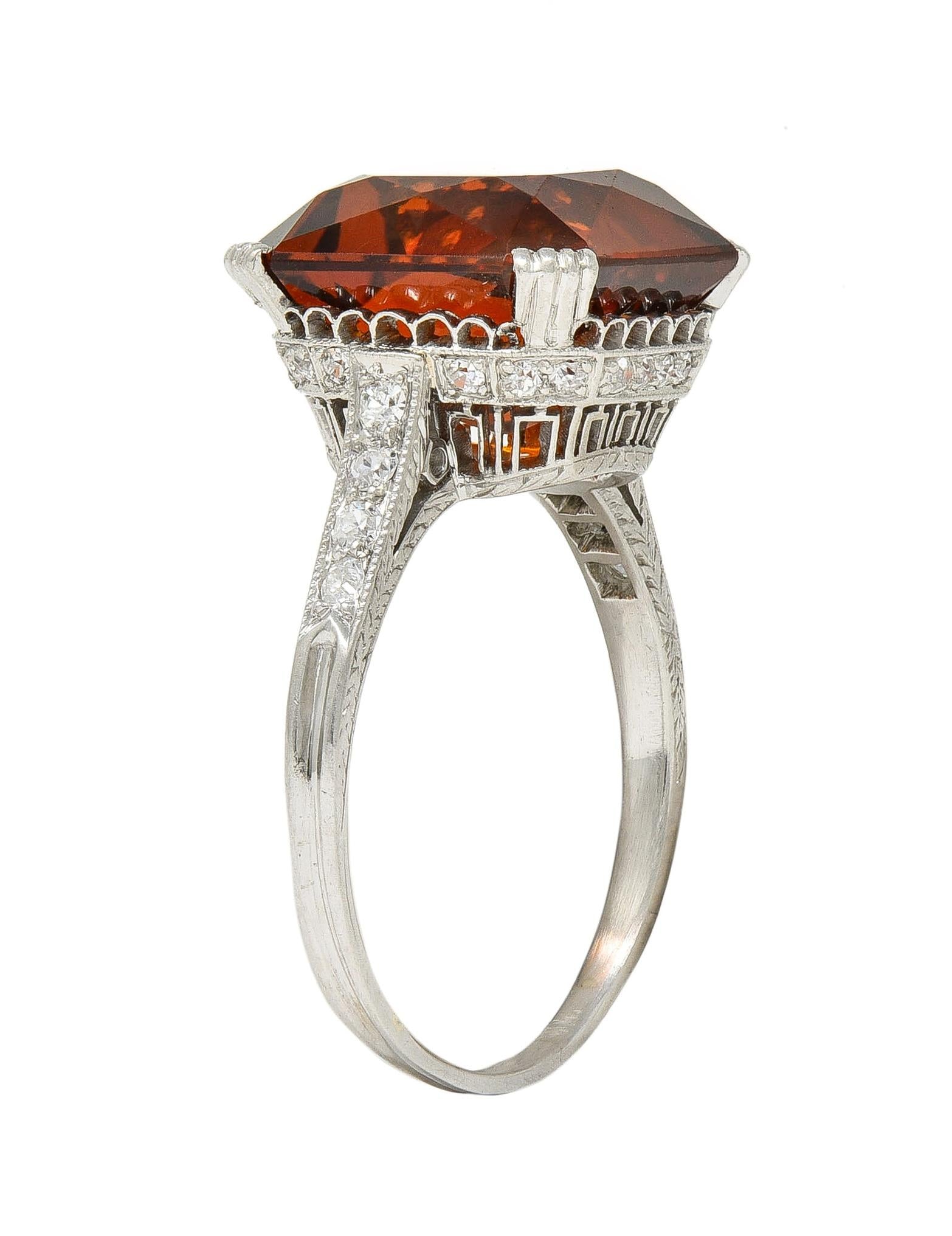 Art Deco 7.28 CTW Citrine Diamond Platinum Vintage Wheat Cocktail Ring