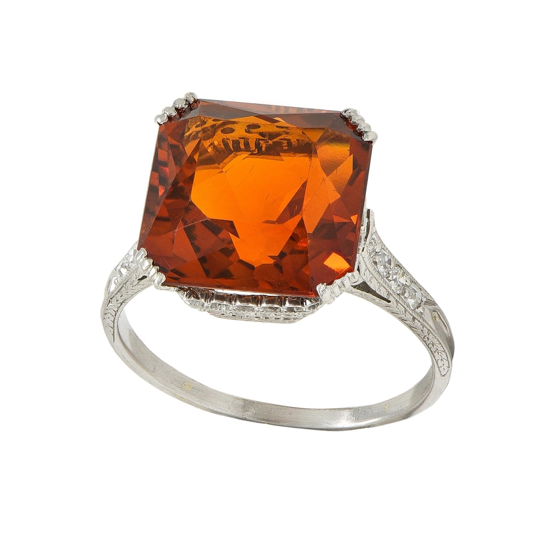 Art Deco 7.28 CTW Citrine Diamond Platinum Vintage Wheat Cocktail Ring