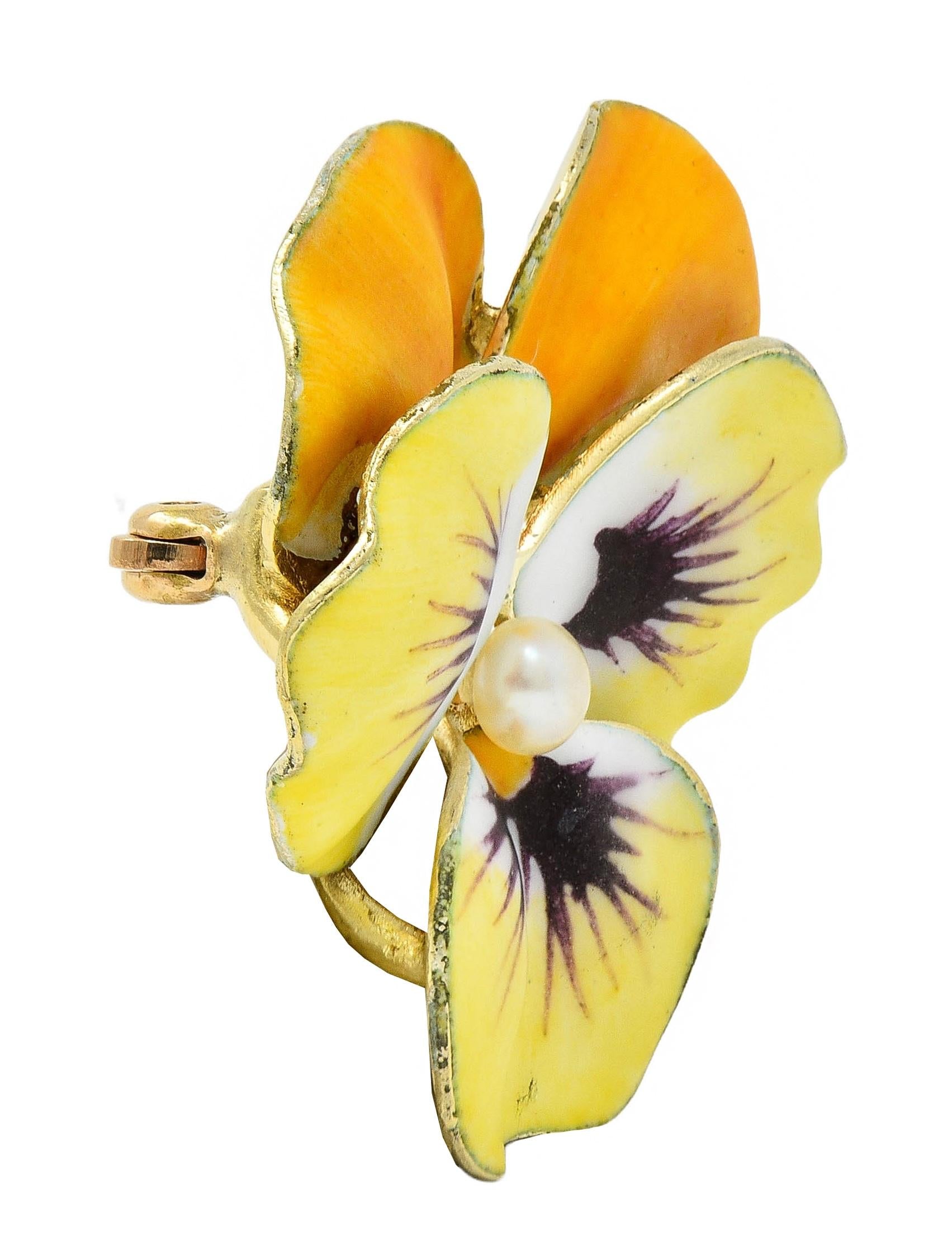 A.J. Hedges Art Nouveau Yellow Enamel Pearl 14 Karat Gold Antique Pansy Brooch