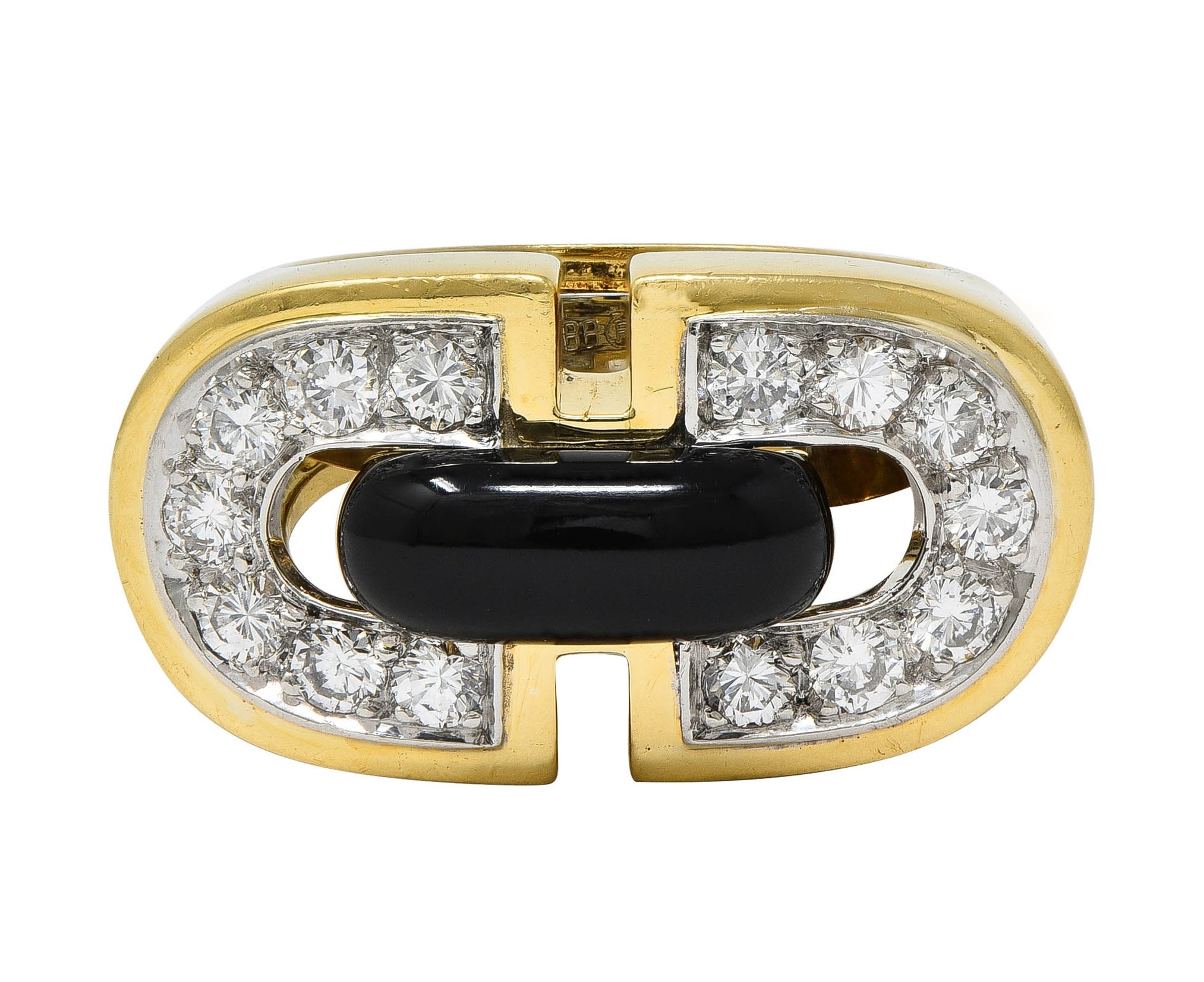 David Webb 1980's Diamond Enamel Platinum 18 Karat Yellow Gold Vintage Buckle Ring