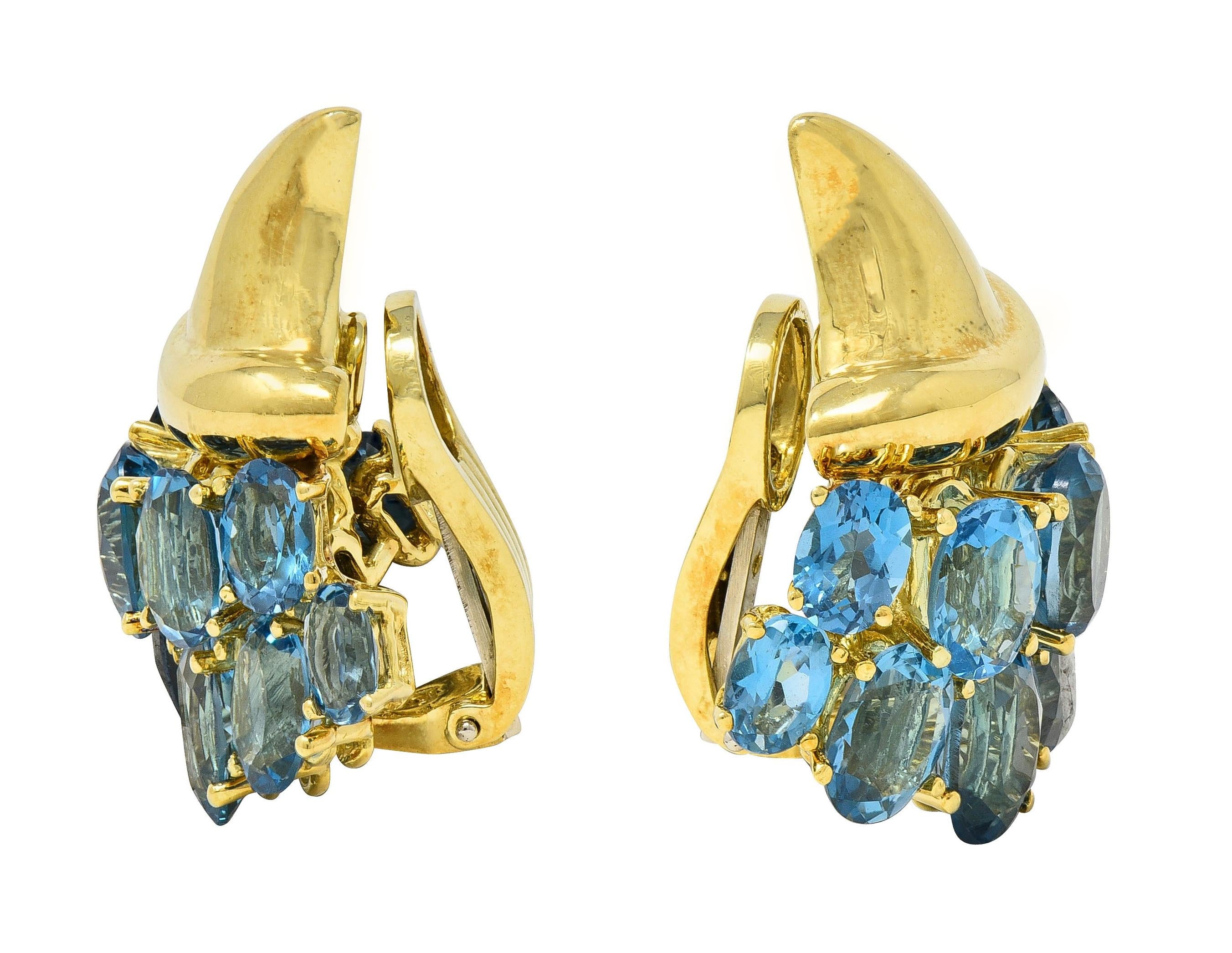 1990's Blue Topaz 18 Karat Yellow Gold Vintage Cornucopia Ear-Clip Earrings