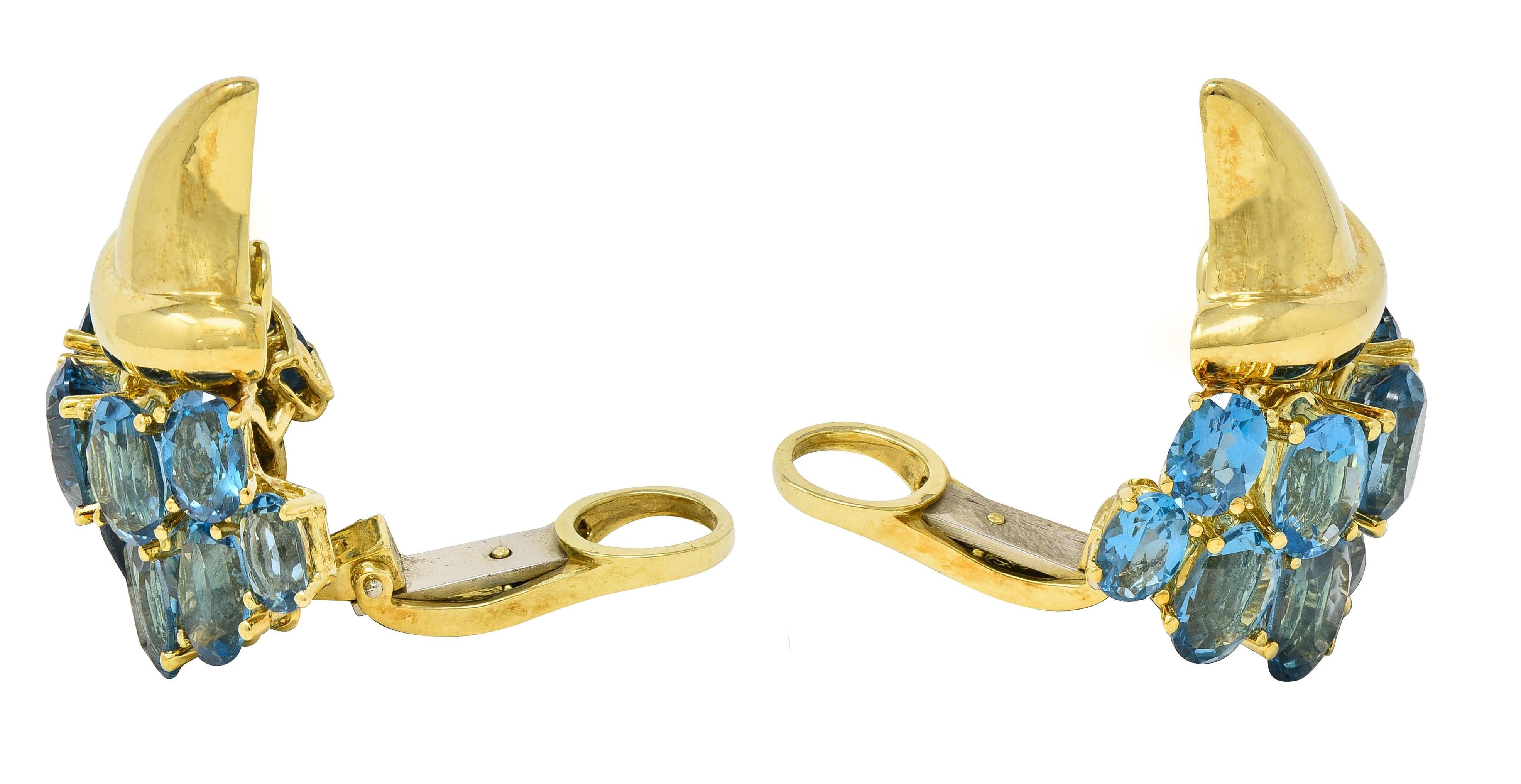 1990's Blue Topaz 18 Karat Yellow Gold Vintage Cornucopia Ear-Clip Earrings