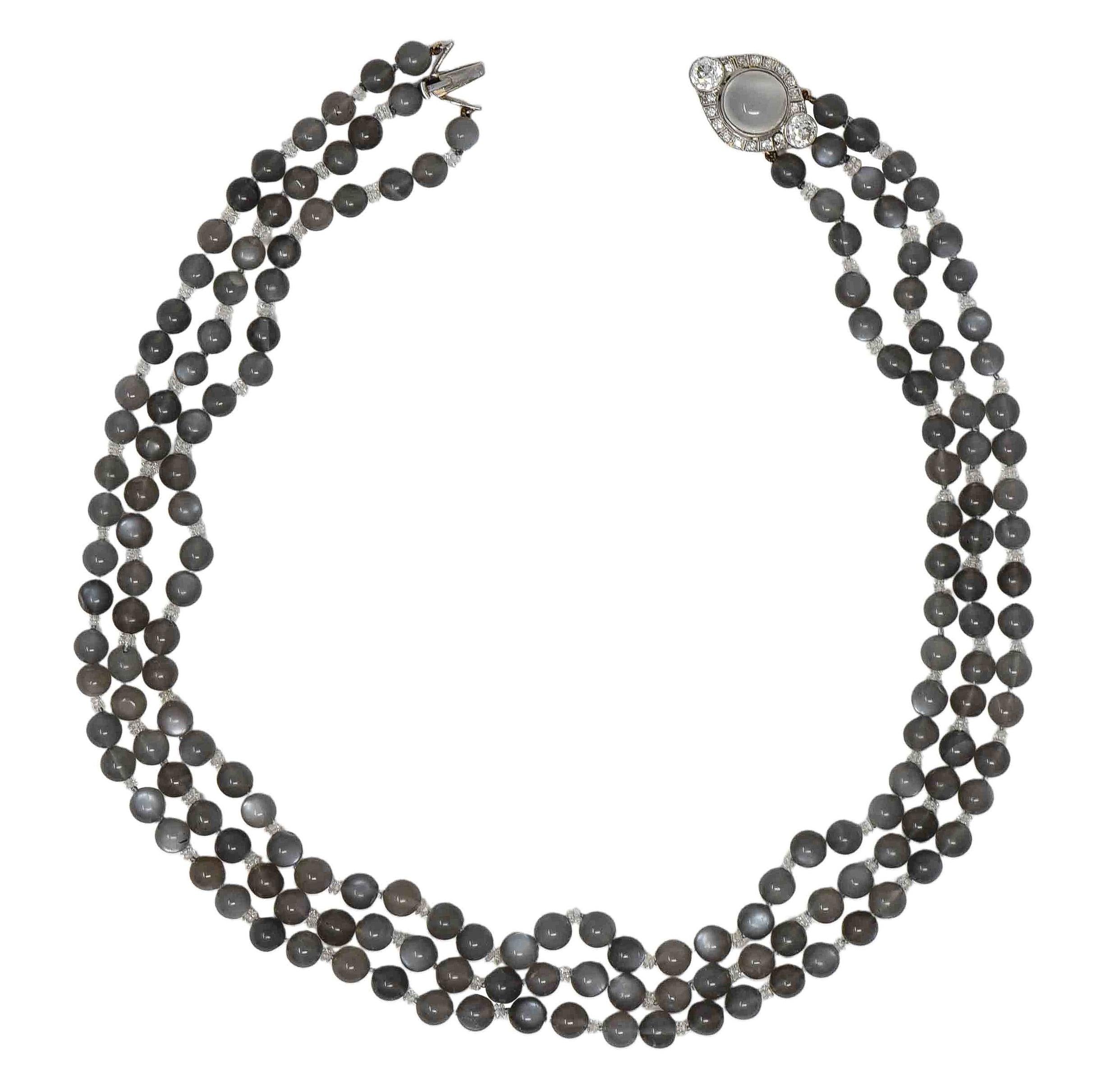 Art Deco Moonstone Diamond Platinum Vintage Beaded Multi Strand Necklace