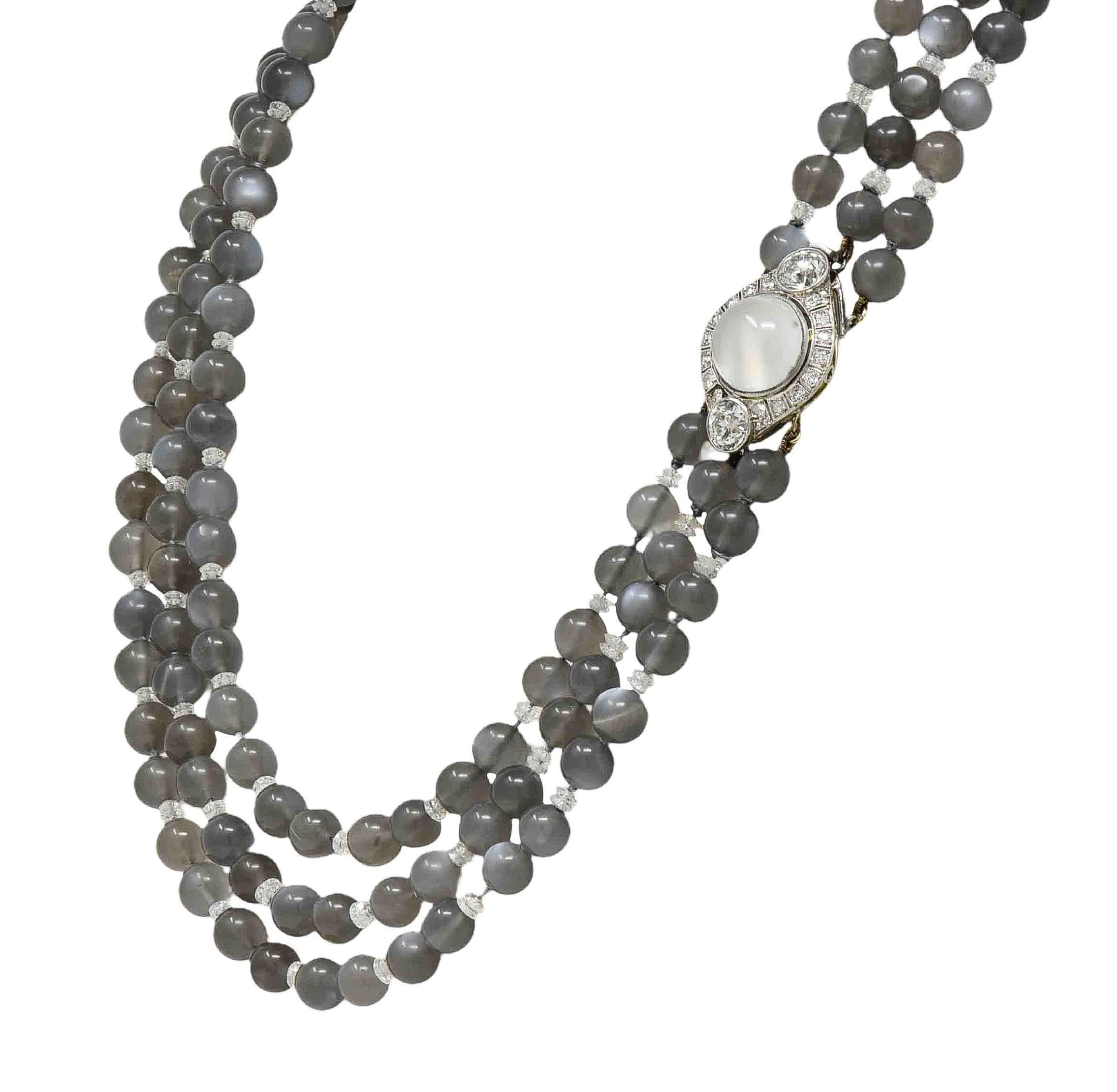 Art Deco Moonstone Diamond Platinum Vintage Beaded Multi Strand Necklace