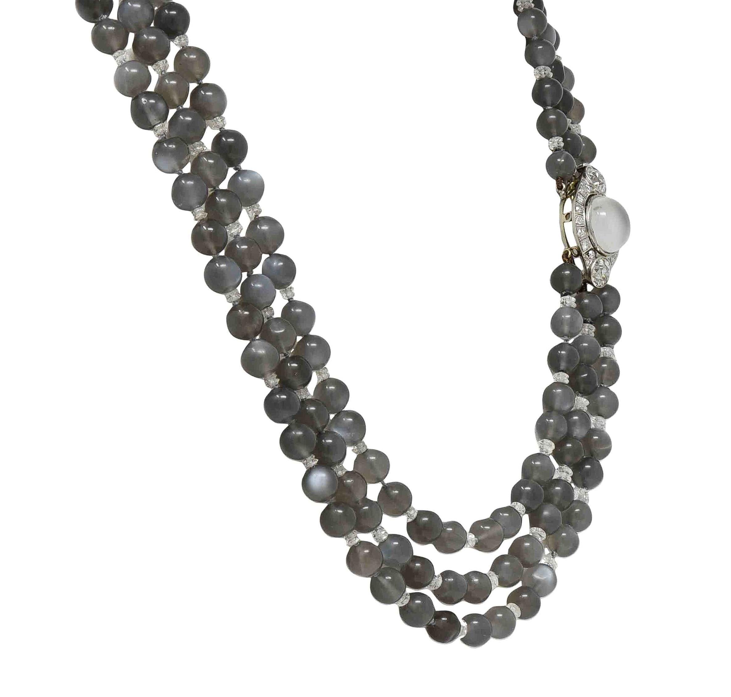 Art Deco Moonstone Diamond Platinum Vintage Beaded Multi Strand Necklace
