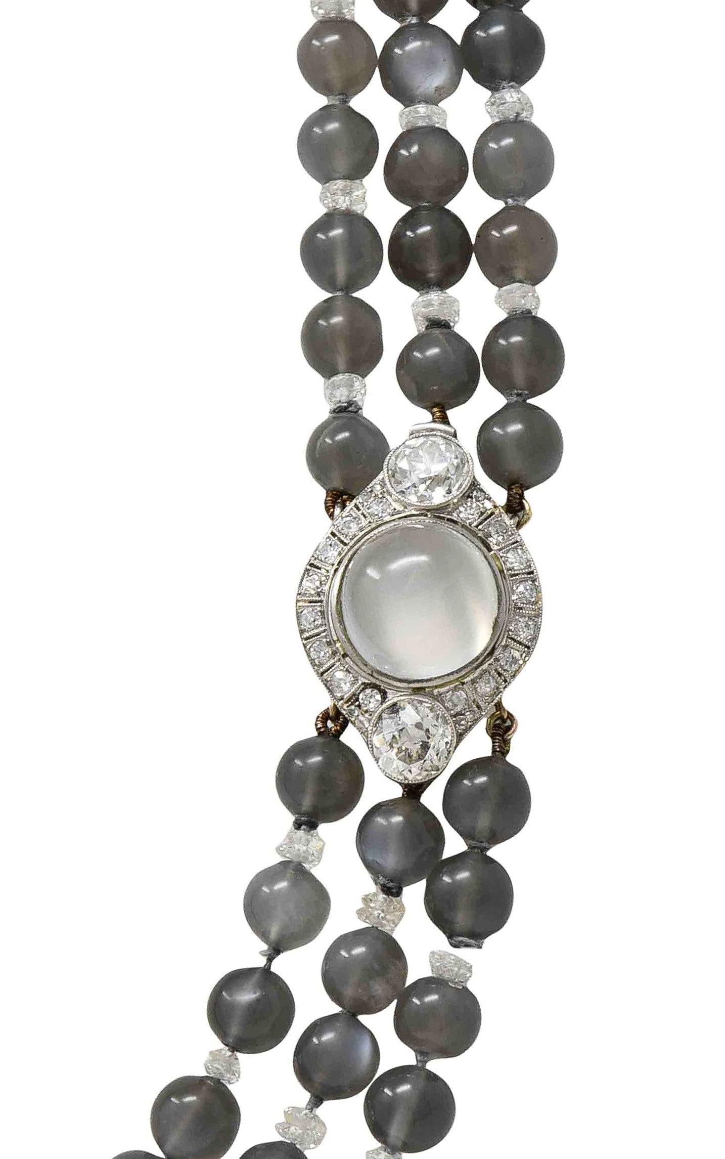 Art Deco Moonstone Diamond Platinum Vintage Beaded Multi Strand Necklace