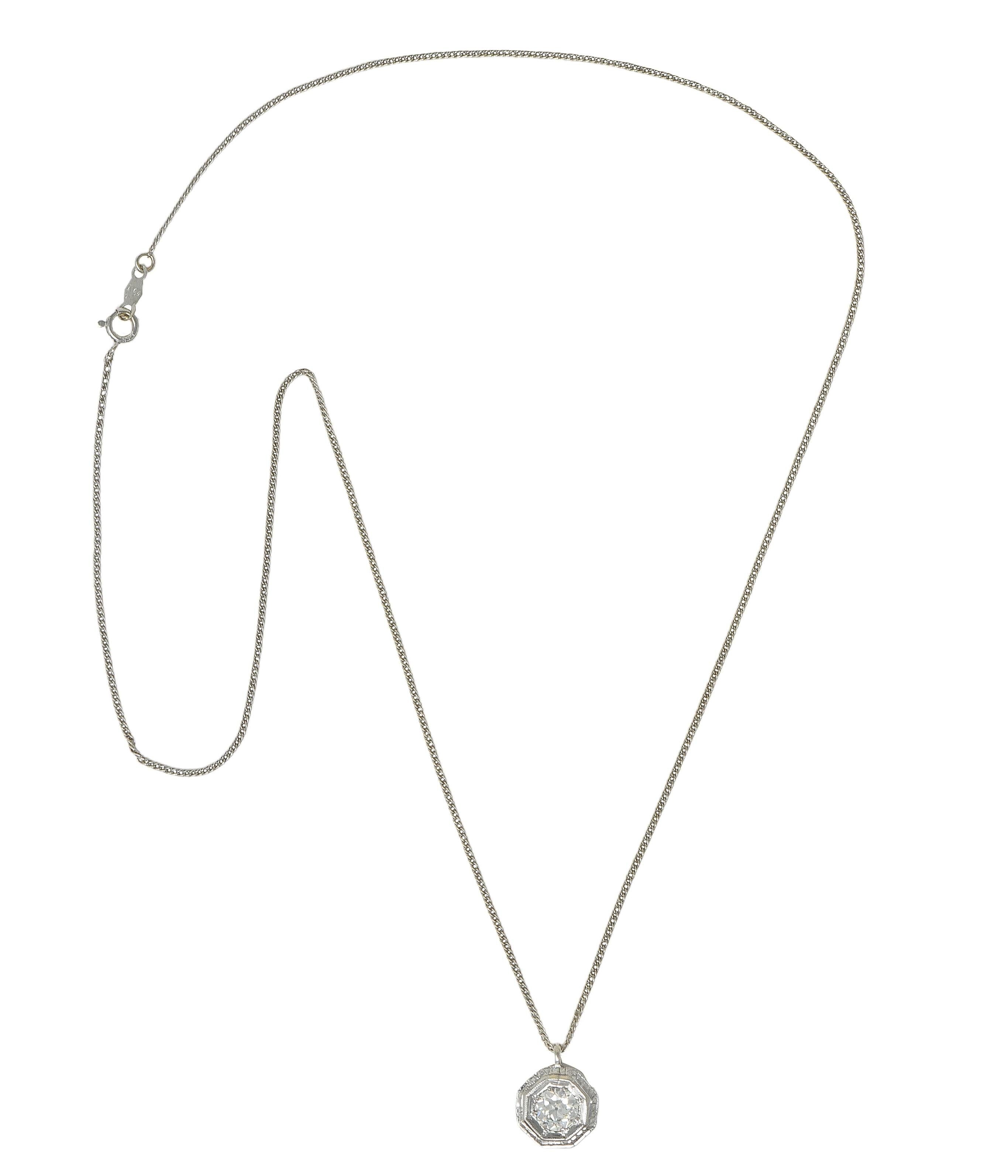 Art Deco Old European Cut Diamond 18 Karat White Gold Vintage Pendant Necklace