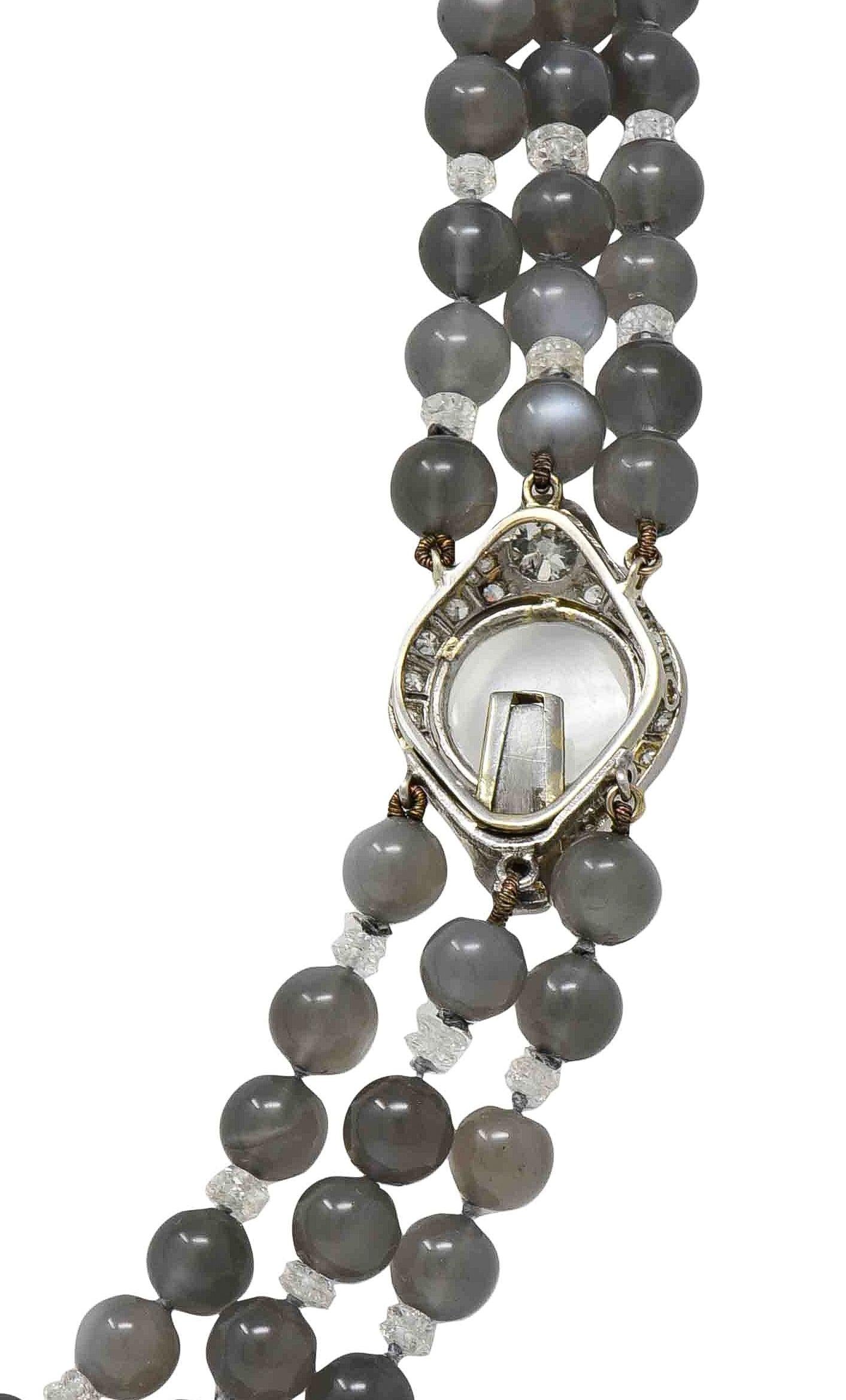 Art Deco Moonstone Diamond Platinum Vintage Beaded Multi Strand Necklace