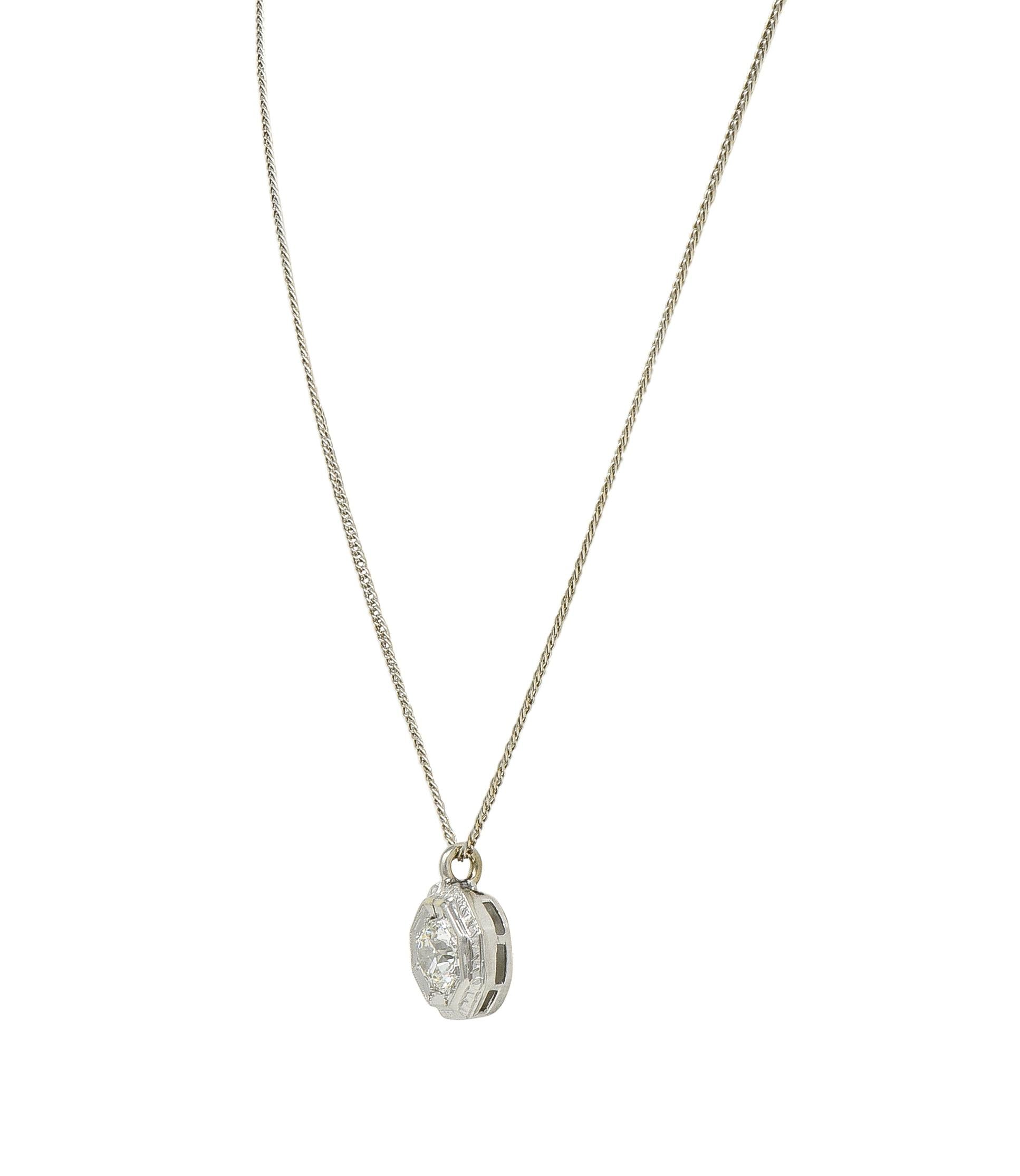 Art Deco Old European Cut Diamond 18 Karat White Gold Vintage Pendant Necklace