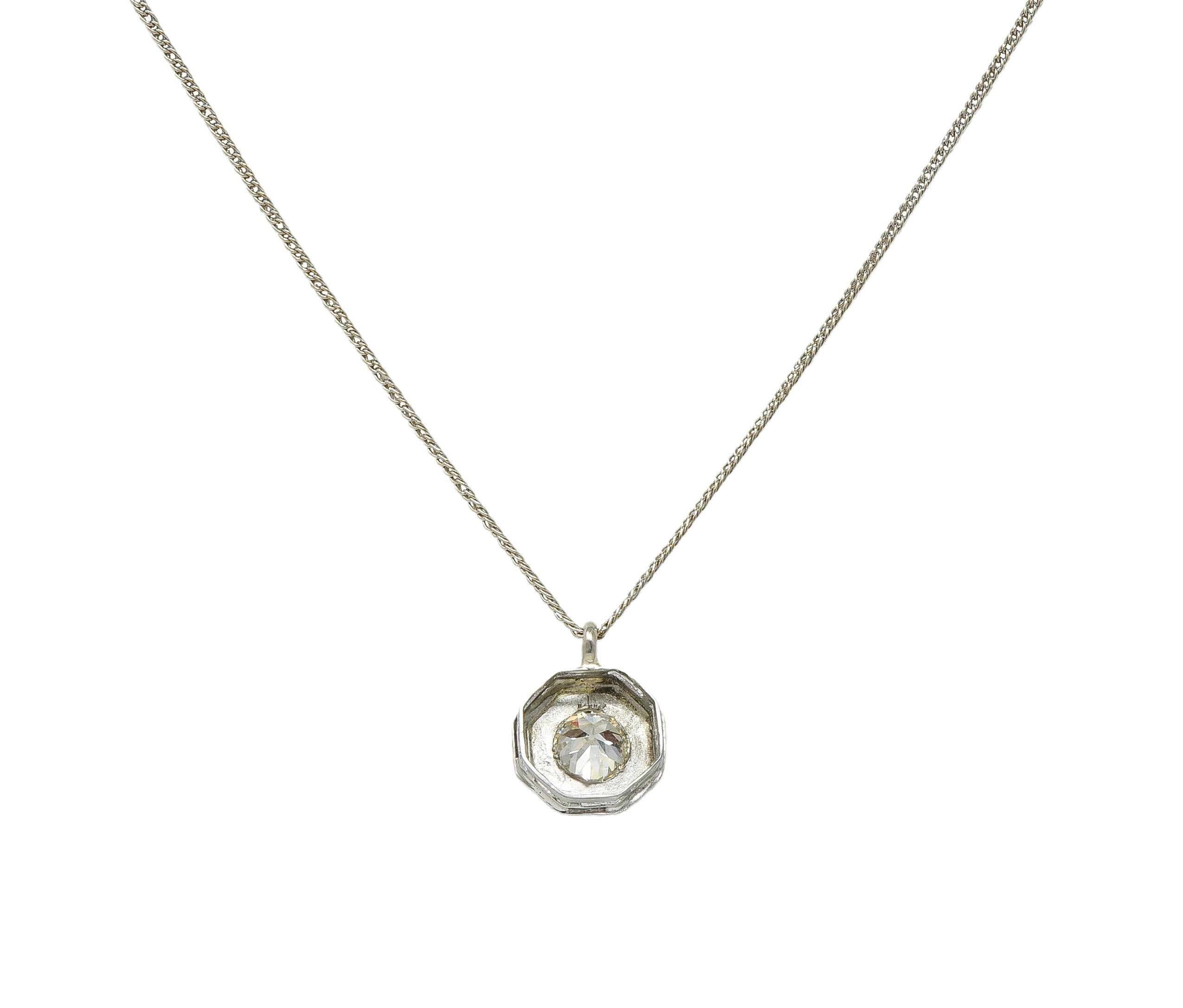 Art Deco Old European Cut Diamond 18 Karat White Gold Vintage Pendant Necklace