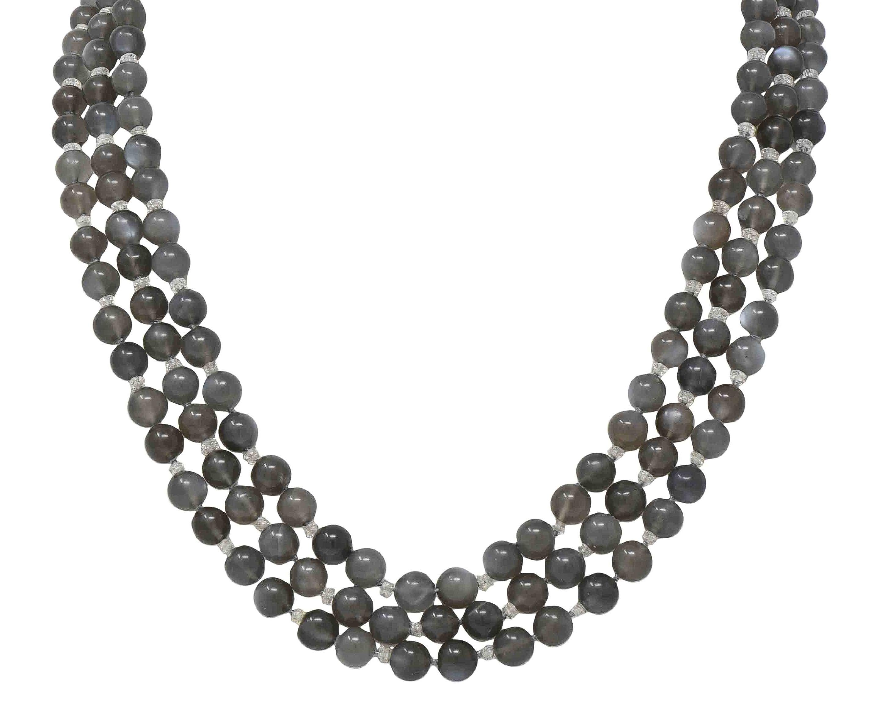 Art Deco Moonstone Diamond Platinum Vintage Beaded Multi Strand Necklace