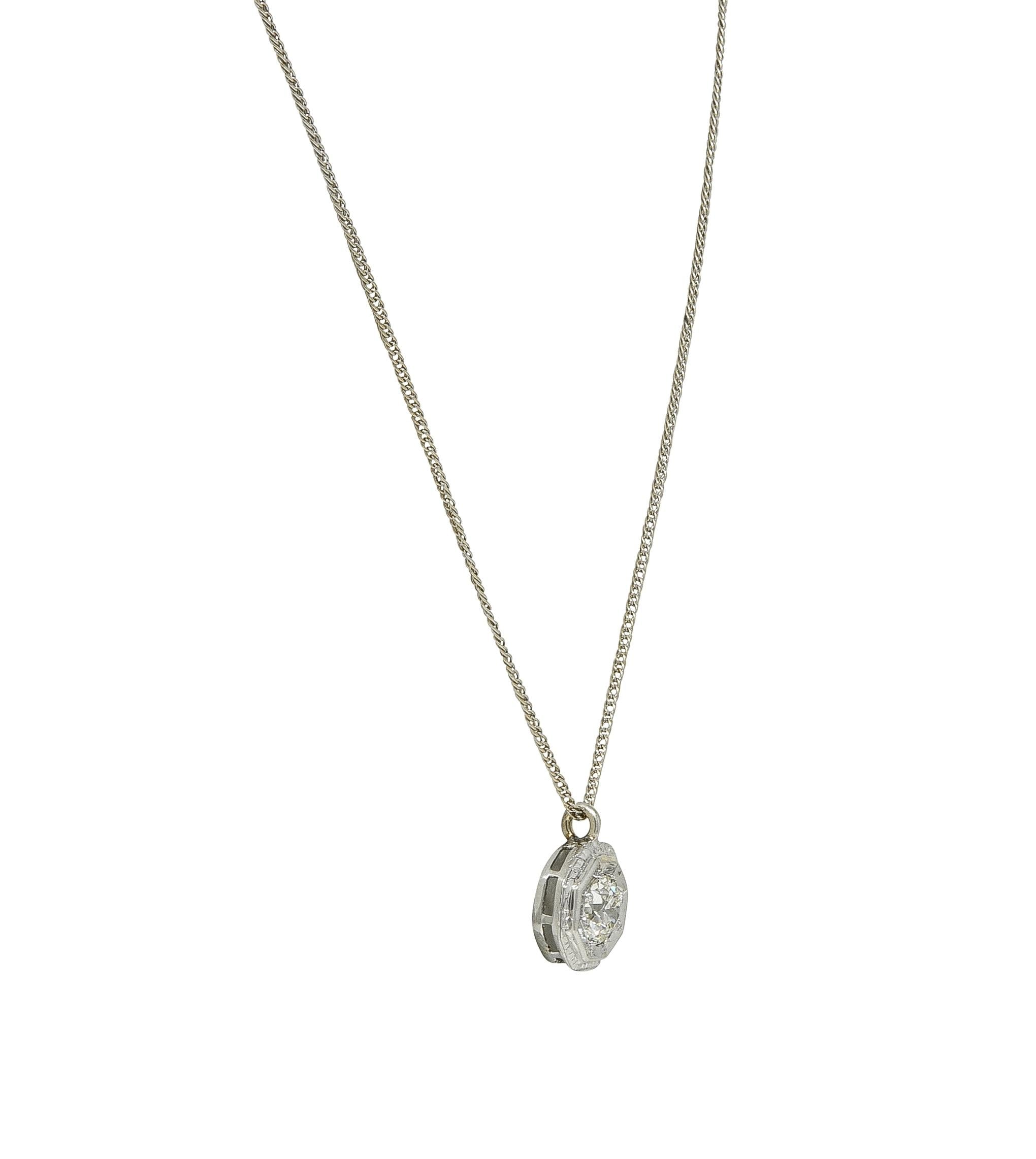 Art Deco Old European Cut Diamond 18 Karat White Gold Vintage Pendant Necklace