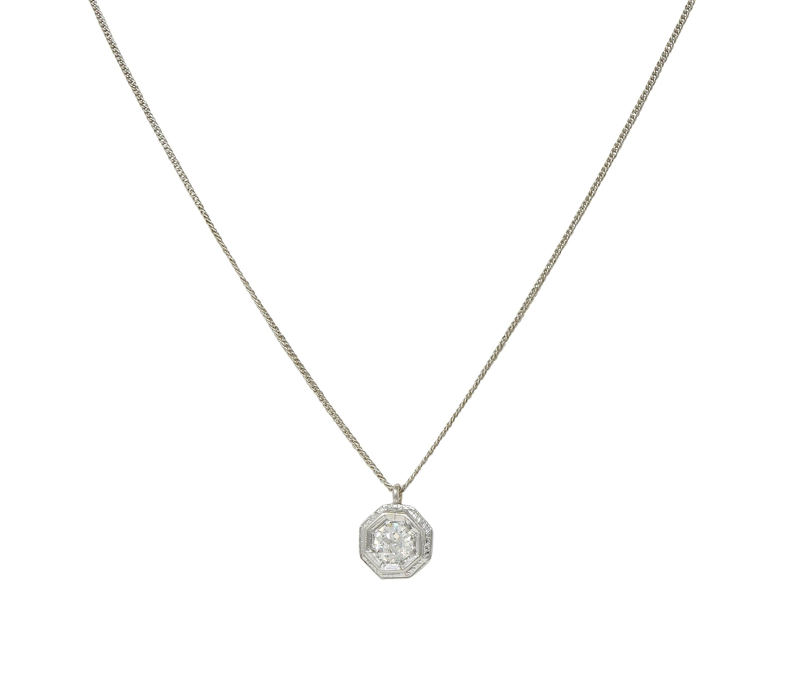 Art Deco Old European Cut Diamond 18 Karat White Gold Vintage Pendant Necklace