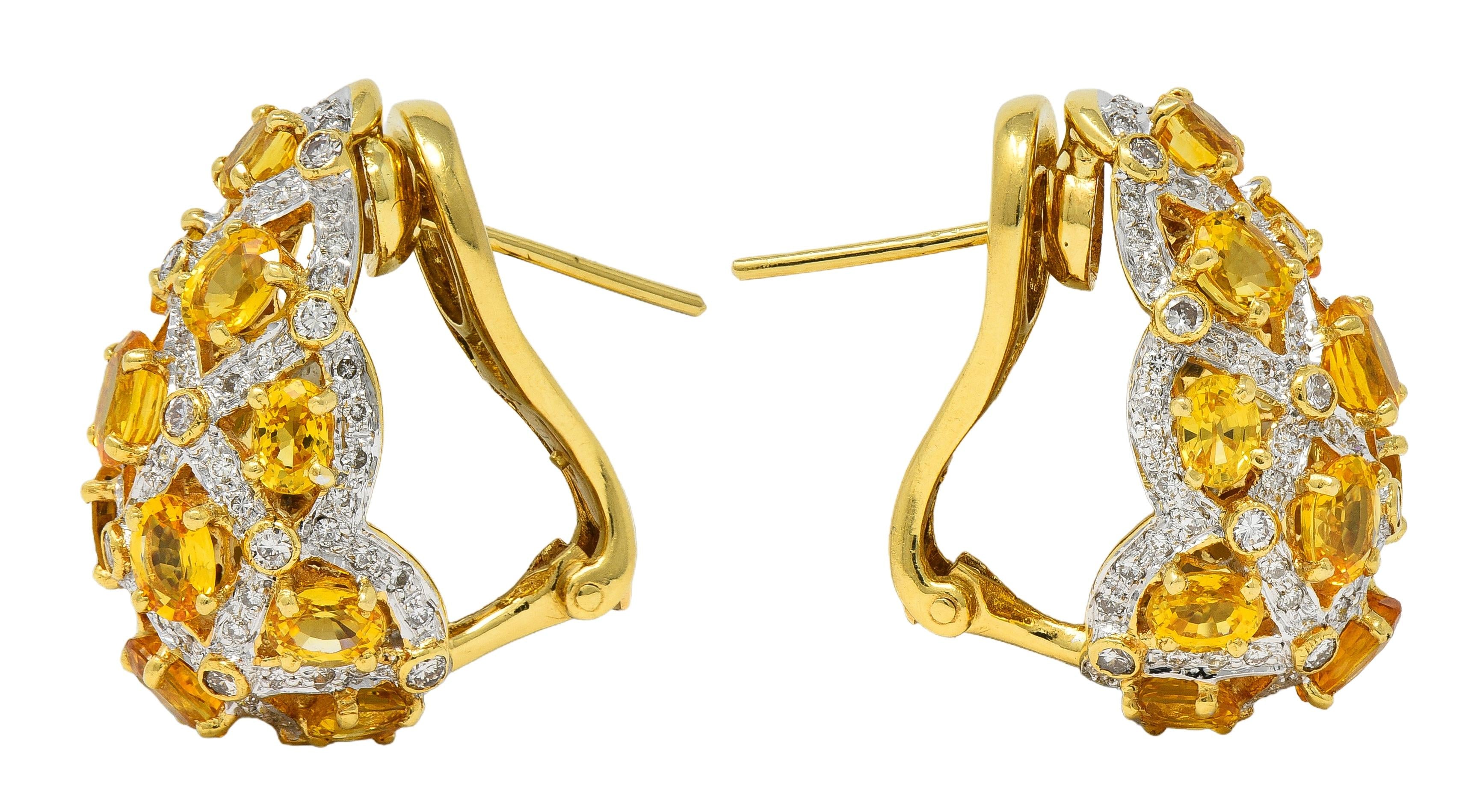 Contemporary 7.66 CTW Citrine Diamond 18 Karat Two-Tone Gold J-Hoop Earrings