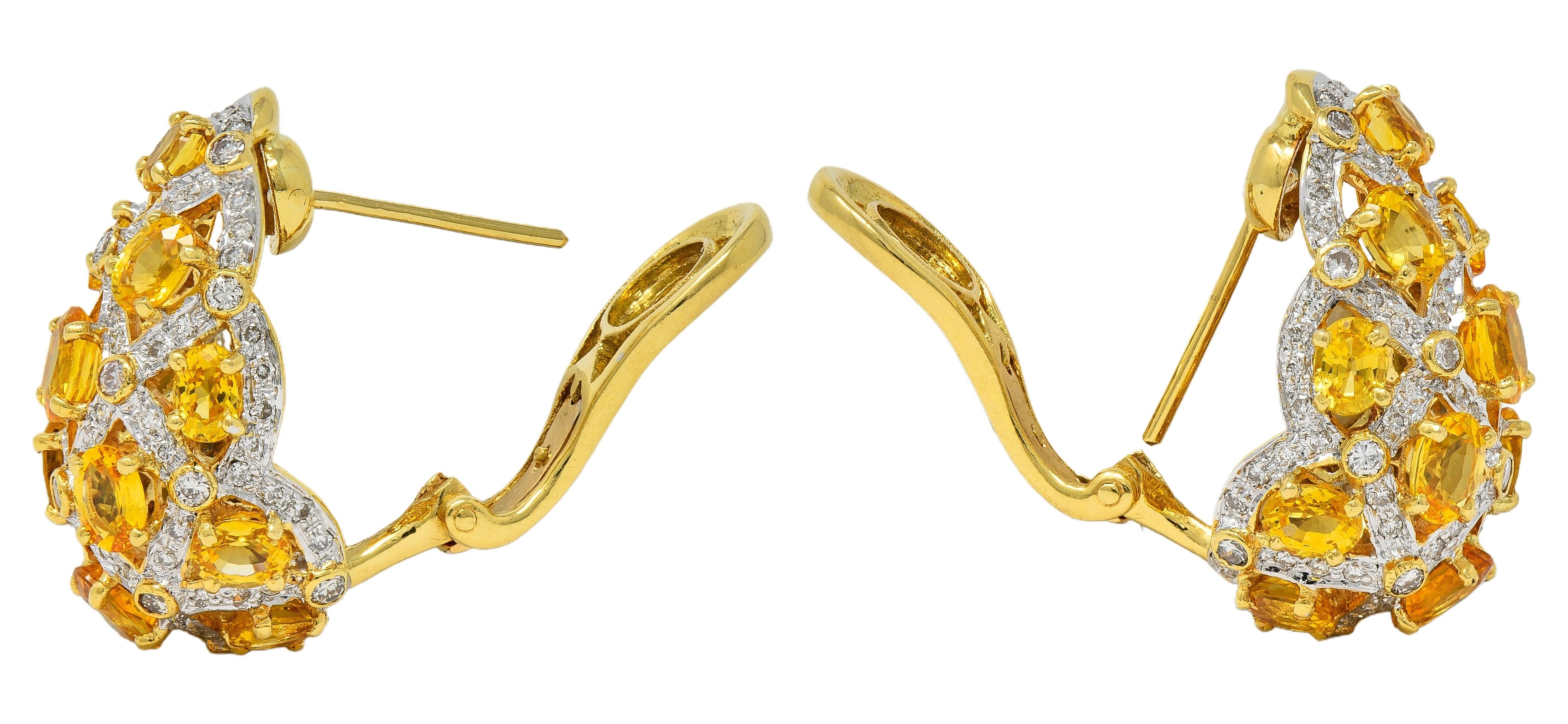 Contemporary 7.66 CTW Citrine Diamond 18 Karat Two-Tone Gold J-Hoop Earrings