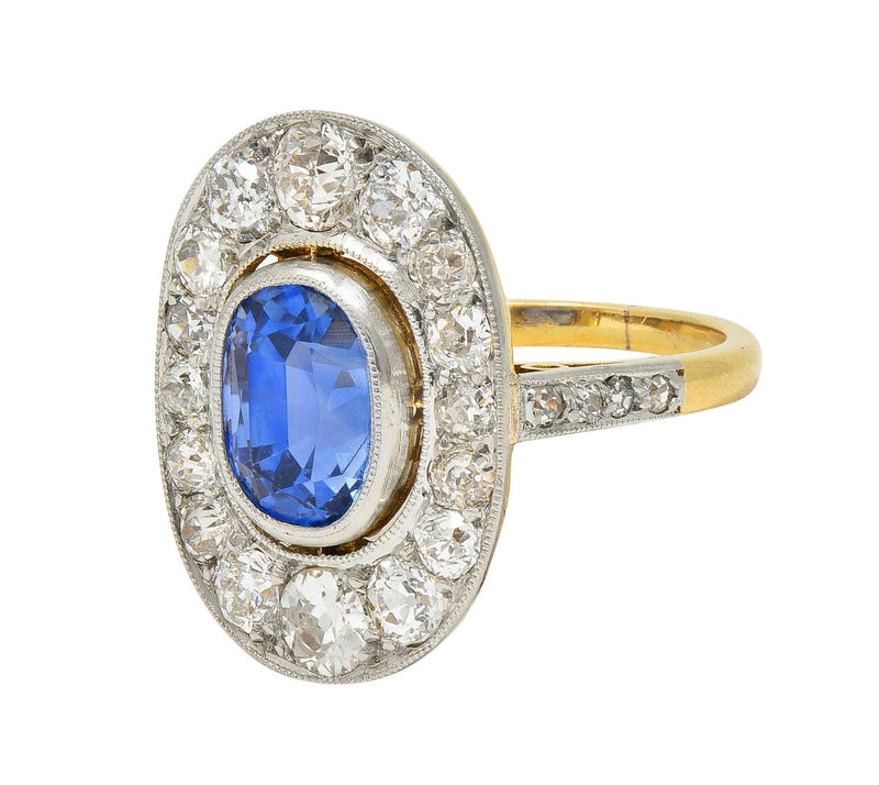 French Edwardian No Heat Ceylon Sapphire Diamond Platinum 18K Gold Antique Ring