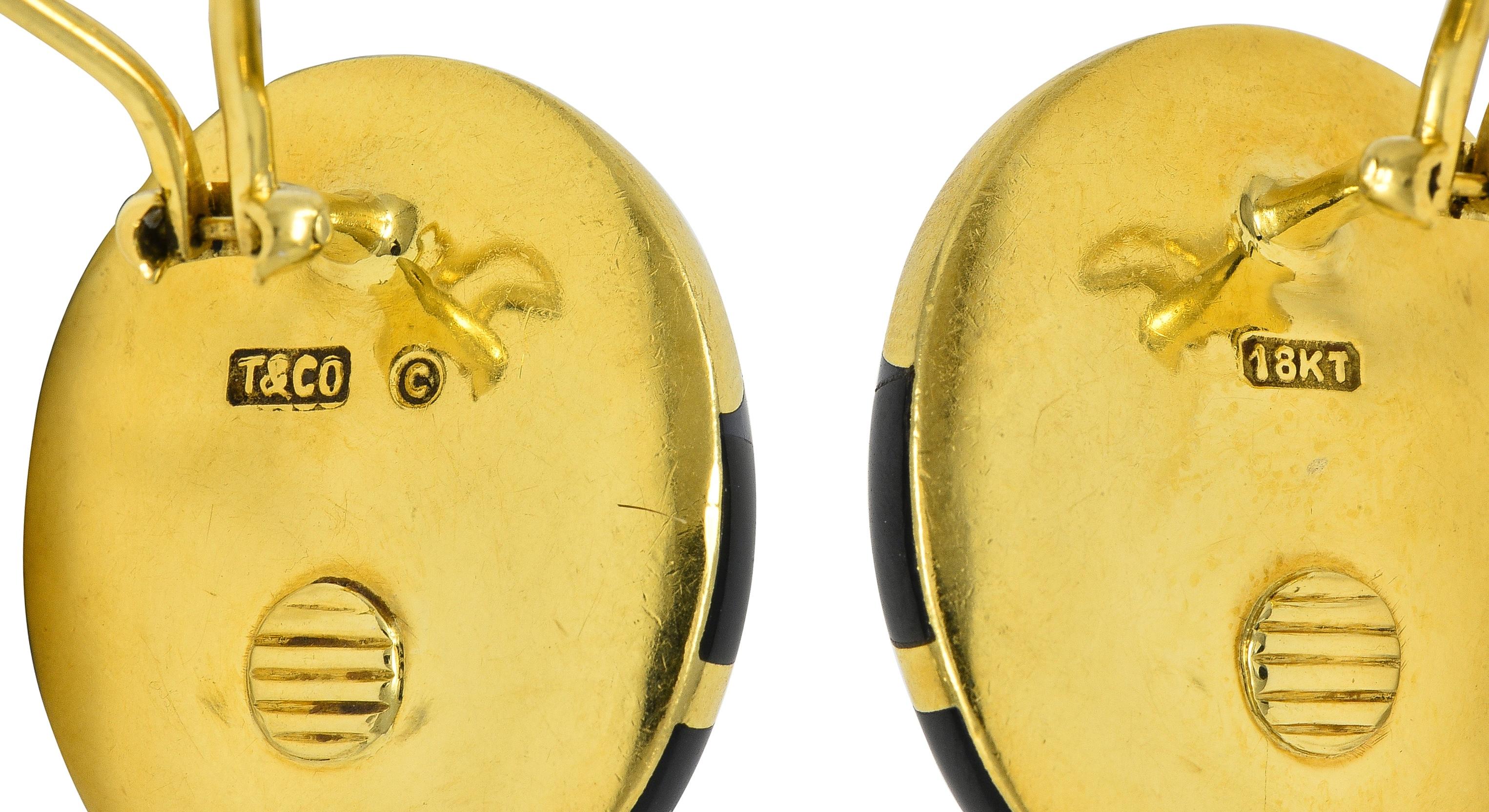Tiffany & Co. 1980 Mother-Of-Pearl Onyx 18K Gold Vintage Inlay Ear-Clip Earrings