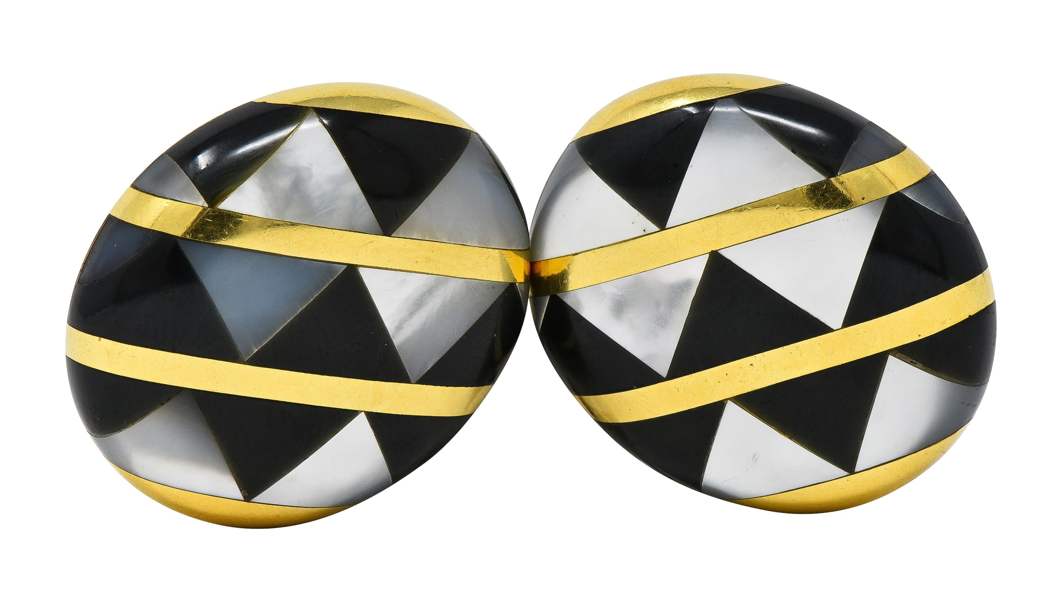 Tiffany & Co. 1980 Mother-Of-Pearl Onyx 18K Gold Vintage Inlay Ear-Clip Earrings