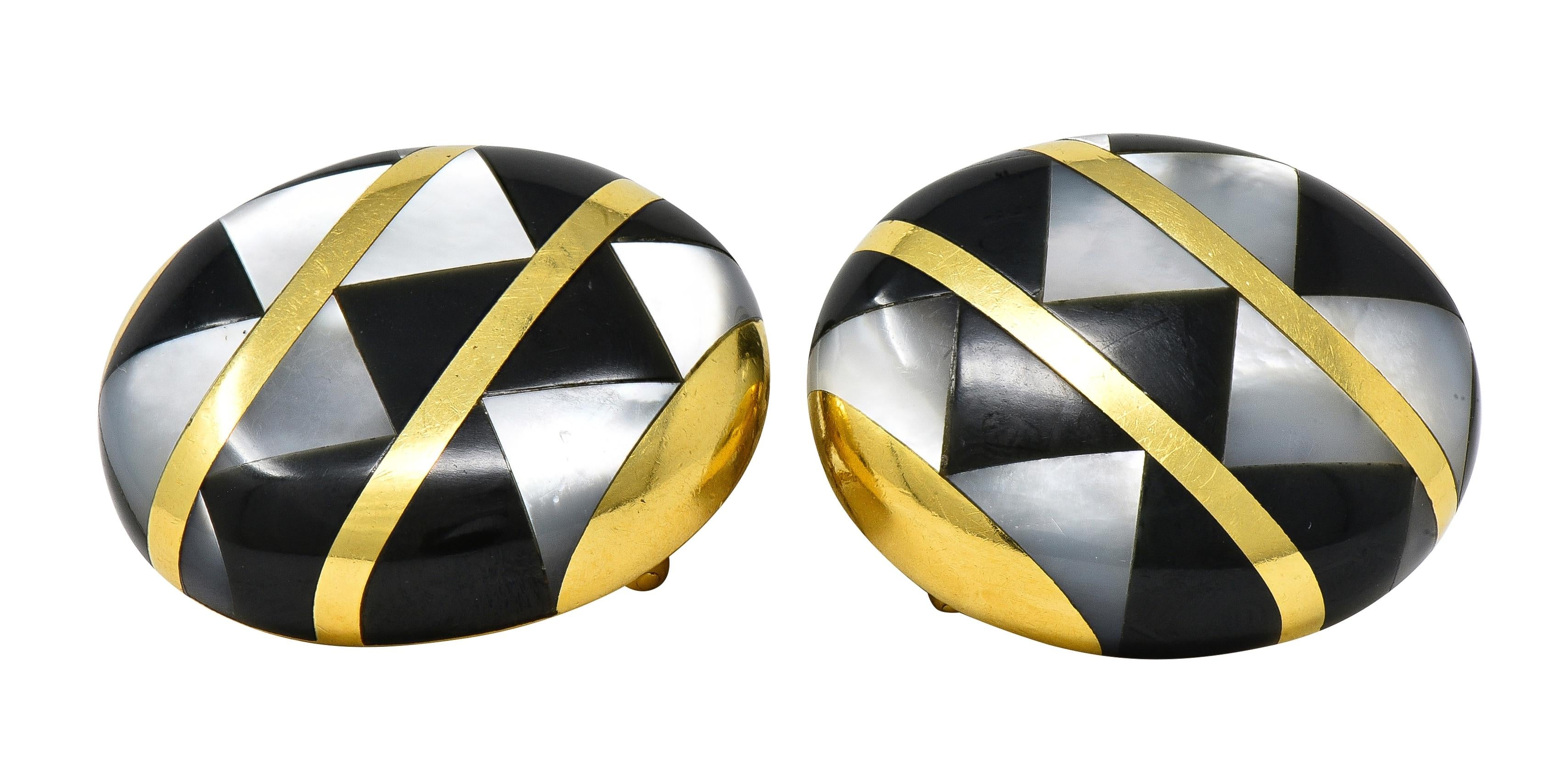 Tiffany & Co. 1980 Mother-Of-Pearl Onyx 18K Gold Vintage Inlay Ear-Clip Earrings