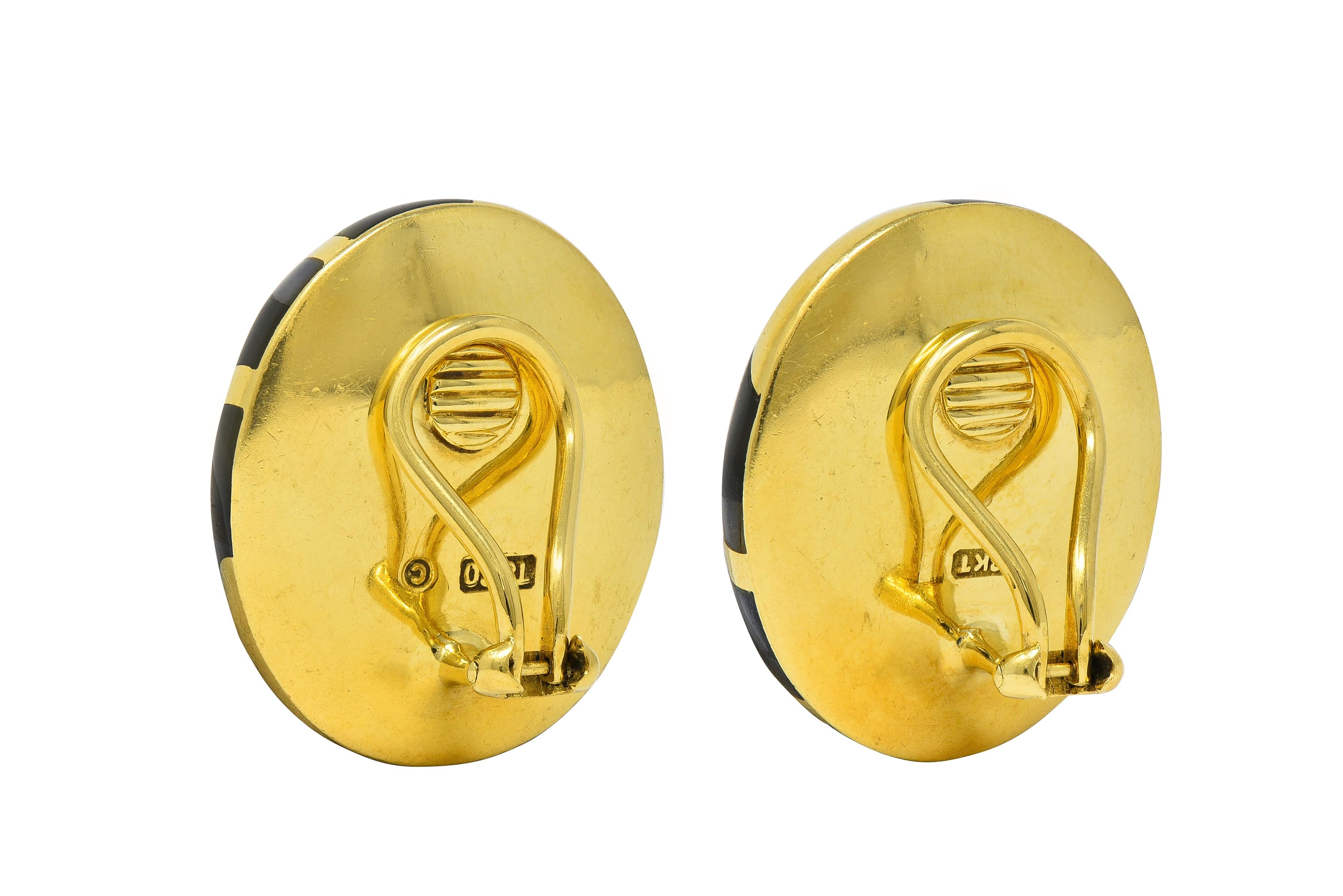 Tiffany & Co. 1980 Mother-Of-Pearl Onyx 18K Gold Vintage Inlay Ear-Clip Earrings