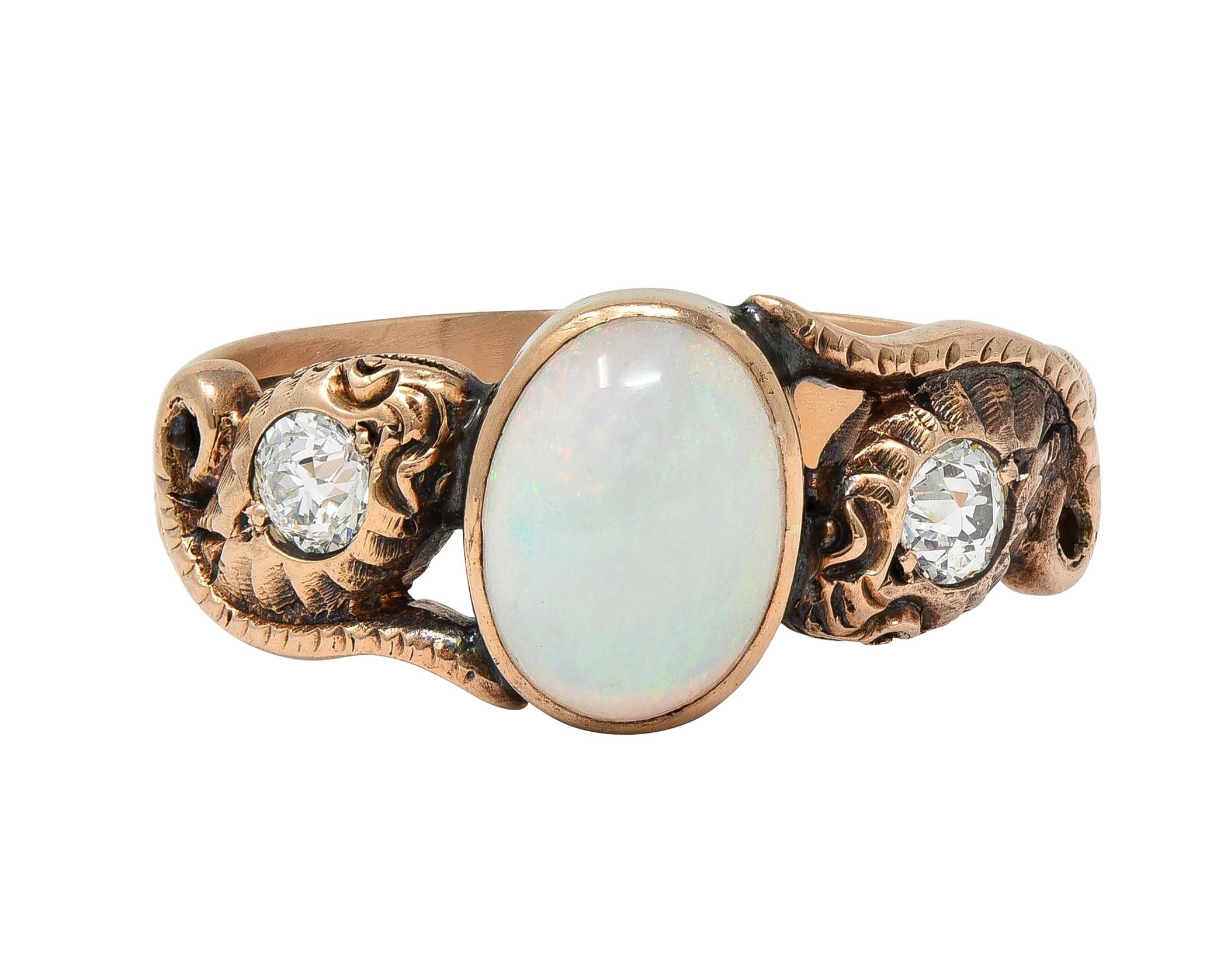 Victorian Diamond Opal 14 Karat Rose Gold Antique Lovers Knot Snake Ring