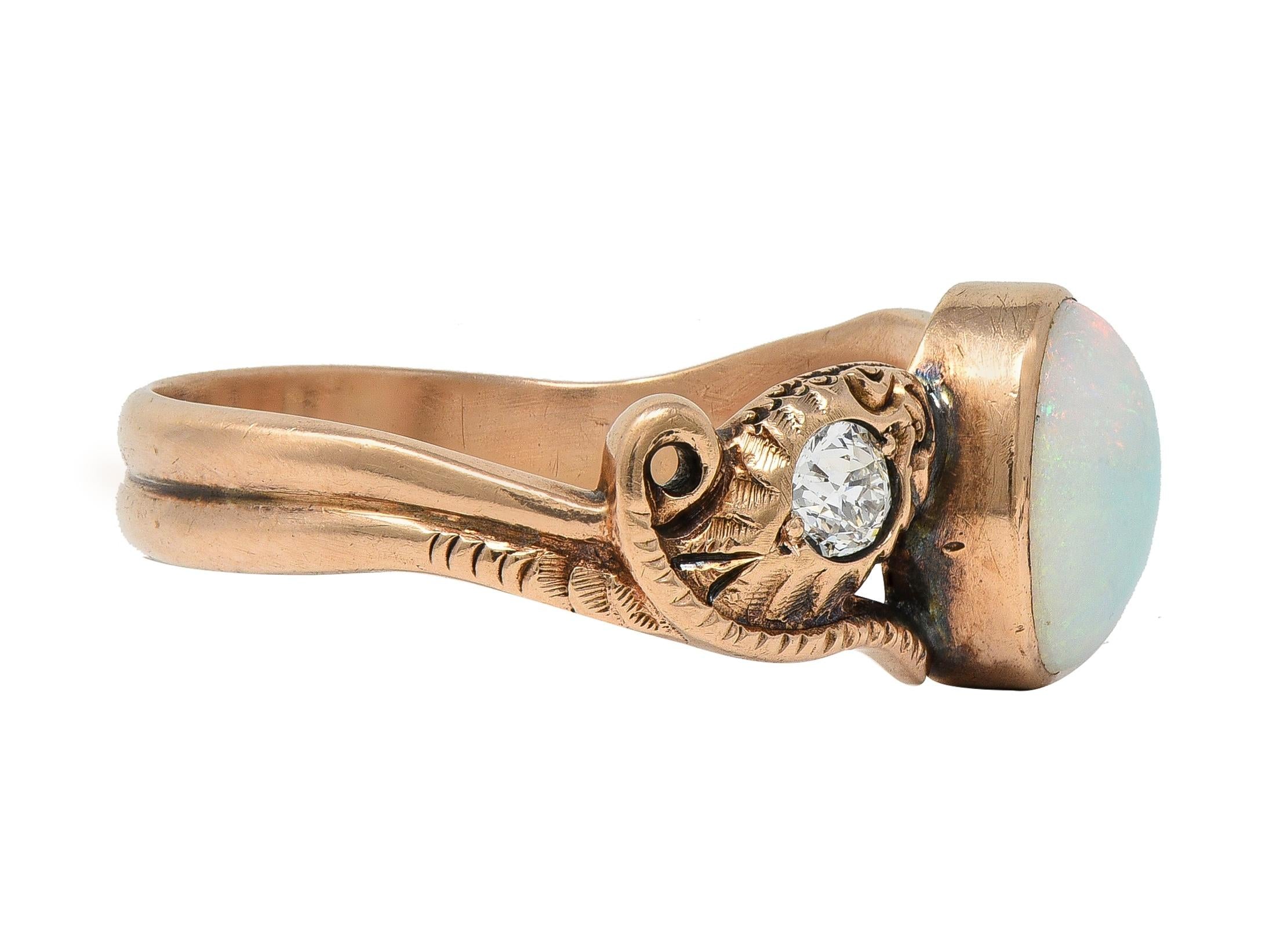 Victorian Diamond Opal 14 Karat Rose Gold Antique Lovers Knot Snake Ring