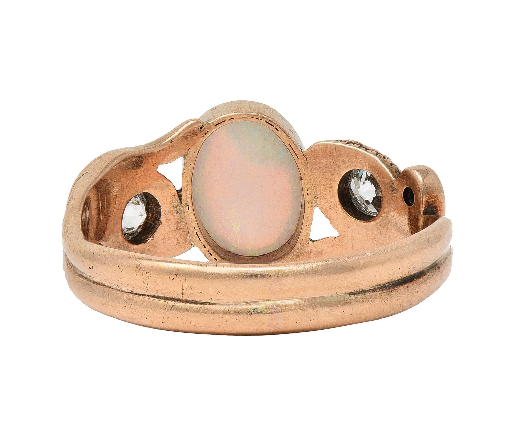 Victorian Diamond Opal 14 Karat Rose Gold Antique Lovers Knot Snake Ring