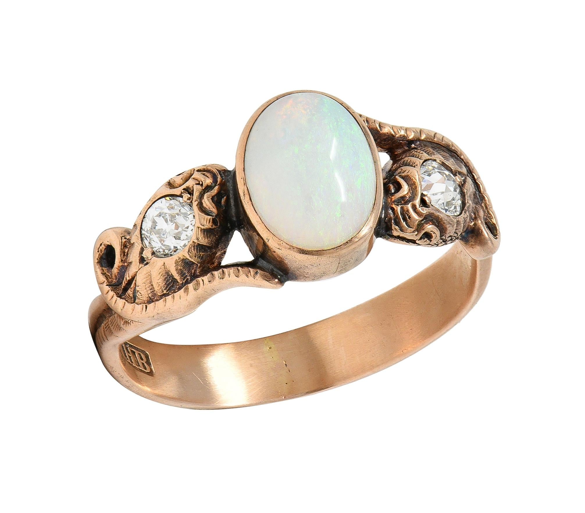 Victorian Diamond Opal 14 Karat Rose Gold Antique Lovers Knot Snake Ring